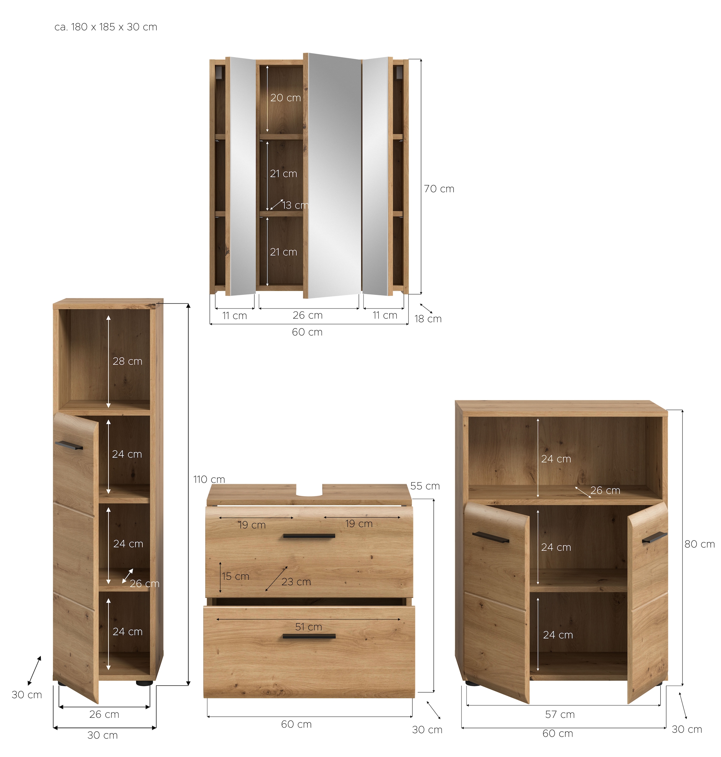 INOSIGN Badmöbel-Set »FLORENZ, TOPSELLER!, 4-teilige Badkombination, hochwertige MDF-Front«, (Set, 4 St., Midischrank hoch, WBU, Spiegelschrank, Midischrank breit), Bad-Kombination, Bad-Möbel, Badezimmer, Kombination, Kombi