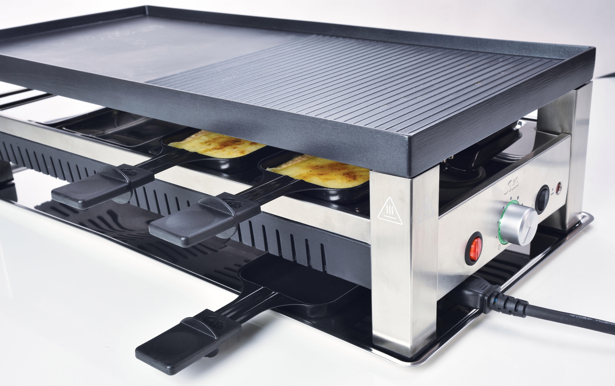 SOLIS OF SWITZERLAND Raclette »Typ 791«, 8 St. Raclettepfännchen, 1400 W, 5in1: Raclette, Tischgrill, Crépe, Mini Wok, Pizza