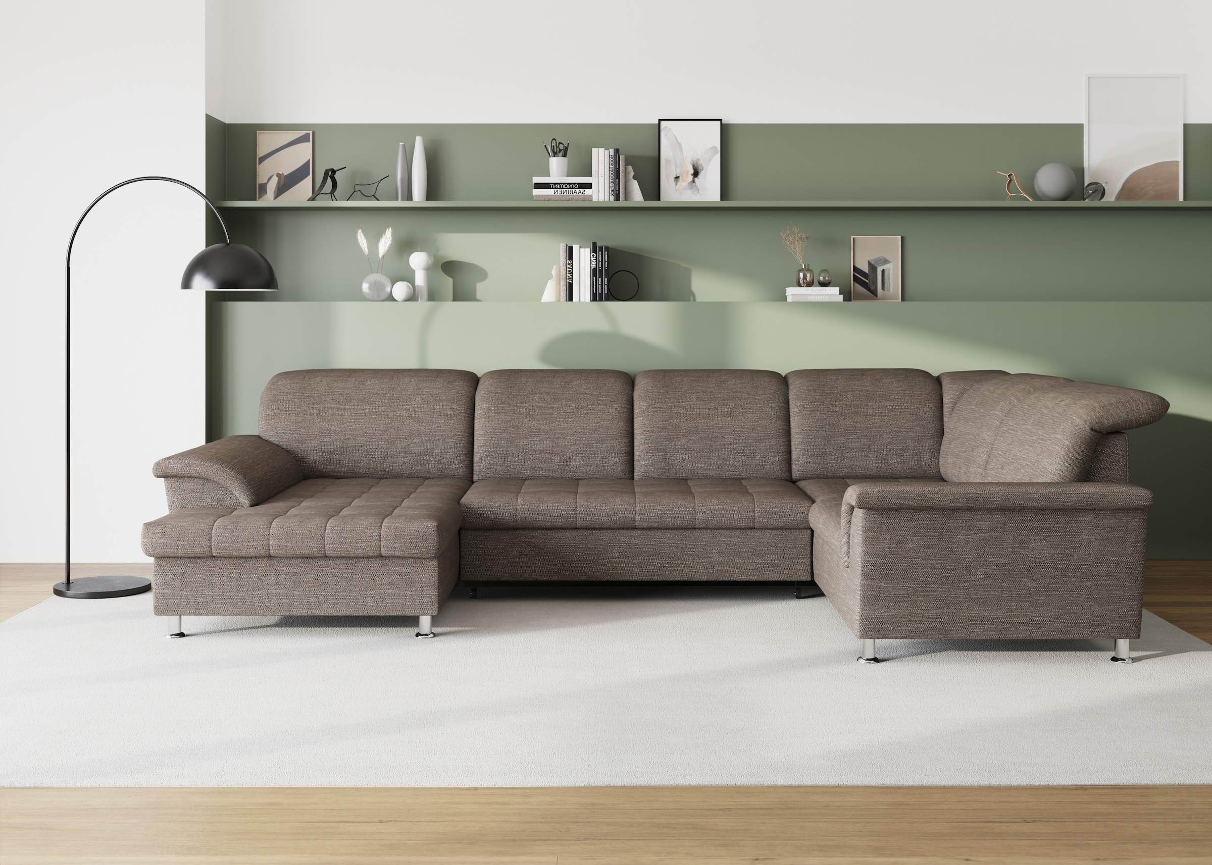 DOMO collection Wohnlandschaft "FRANZI optional mit Bettfunktion, Bettkasten & Kopfteilverstellung" U-Form, Recamiere links, beige-braun, B/T: 352/214 cm