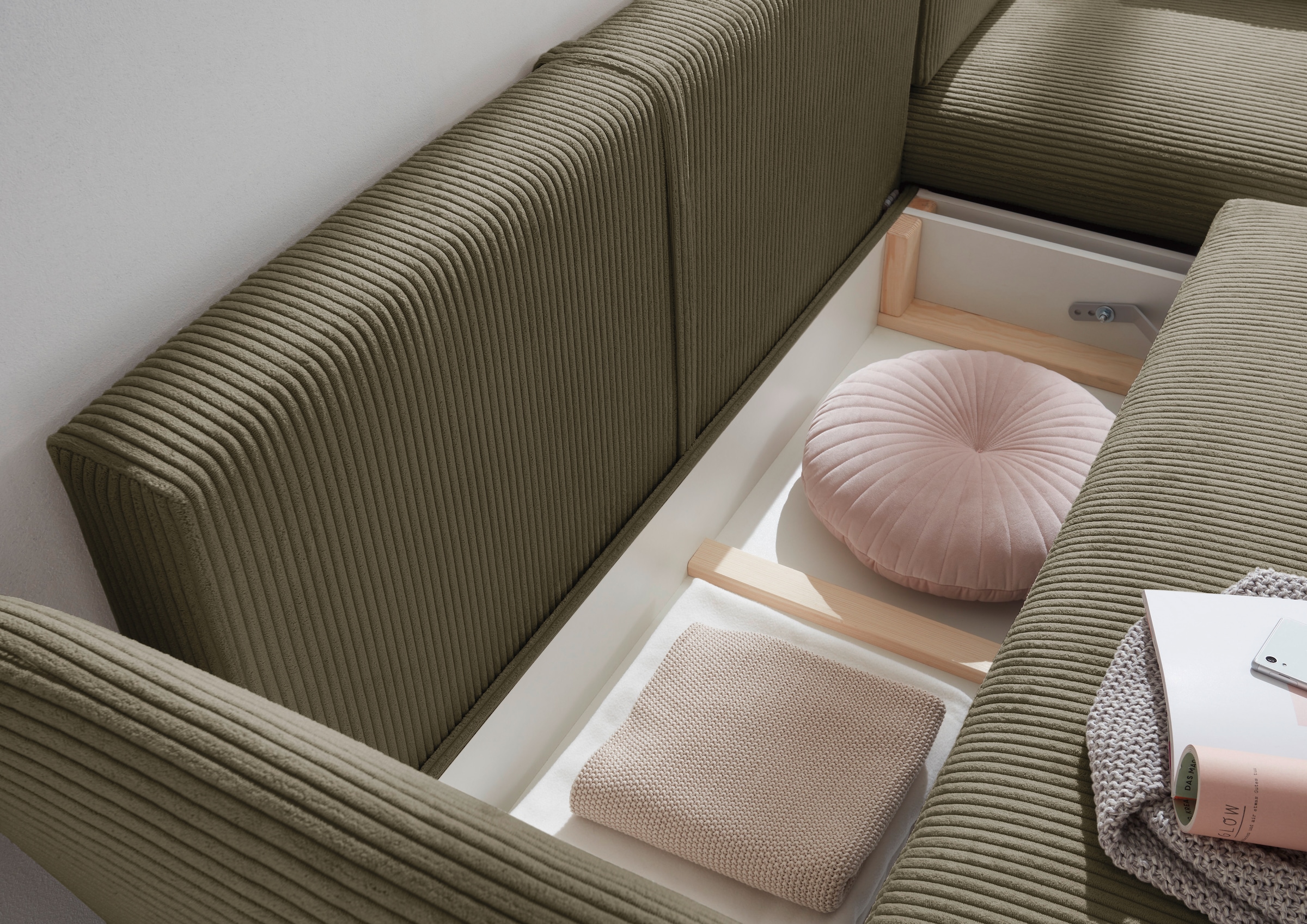 andas Ecksofa »MERLE, 258 cm, L-Form, traumhafter Cord,«, mit Bettfunktion und Bettkasten, Liegefläche 224 x 139