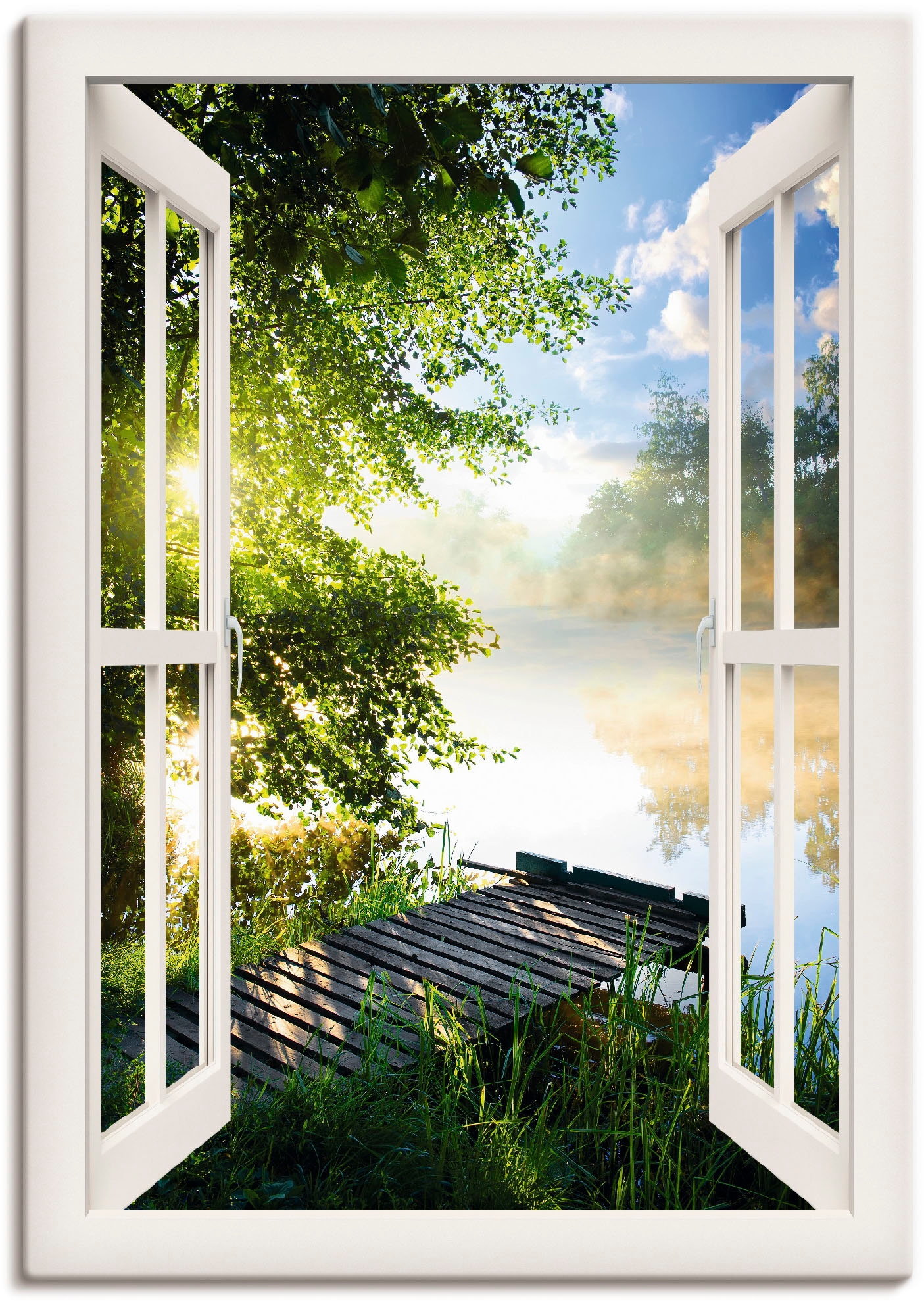 Artland Wandbild "Fensterblick Angelsteg am Fluss", Fensterblick, (1 St.), als Alubild, Outdoorbild, Leinwandbild, Poste