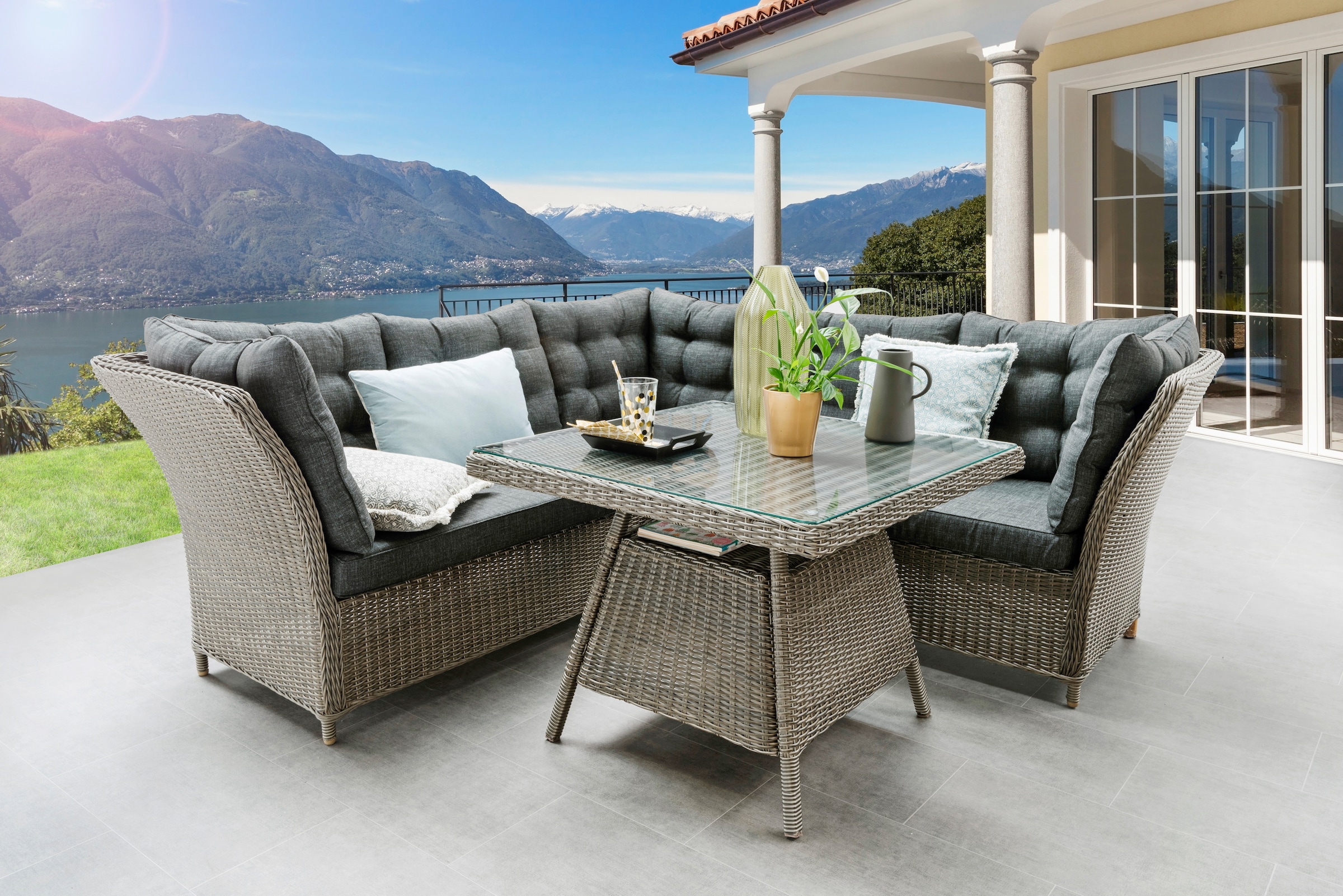 Destiny Garten-Essgruppe "PALMA", (10 tlg., 2x Schenkel, 1x Eckmodul, 1x Tisch, inkl. Auflagen), Aluminium, Polyrattan