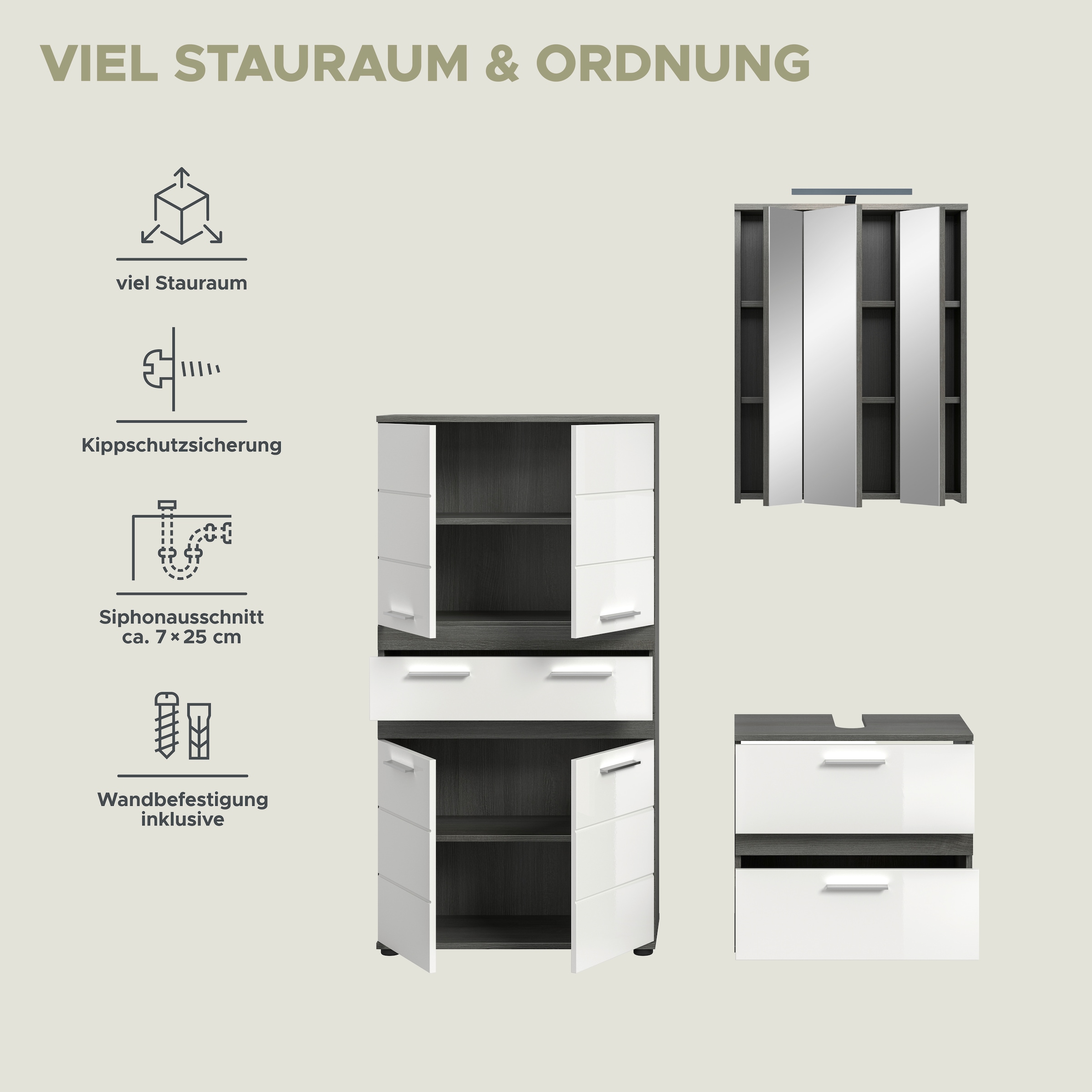 welltime Badmöbel-Set »LUCCA, 3-tlg. Badkombination, viel Stauraum, modernes Design« 3 Stk. tlg.