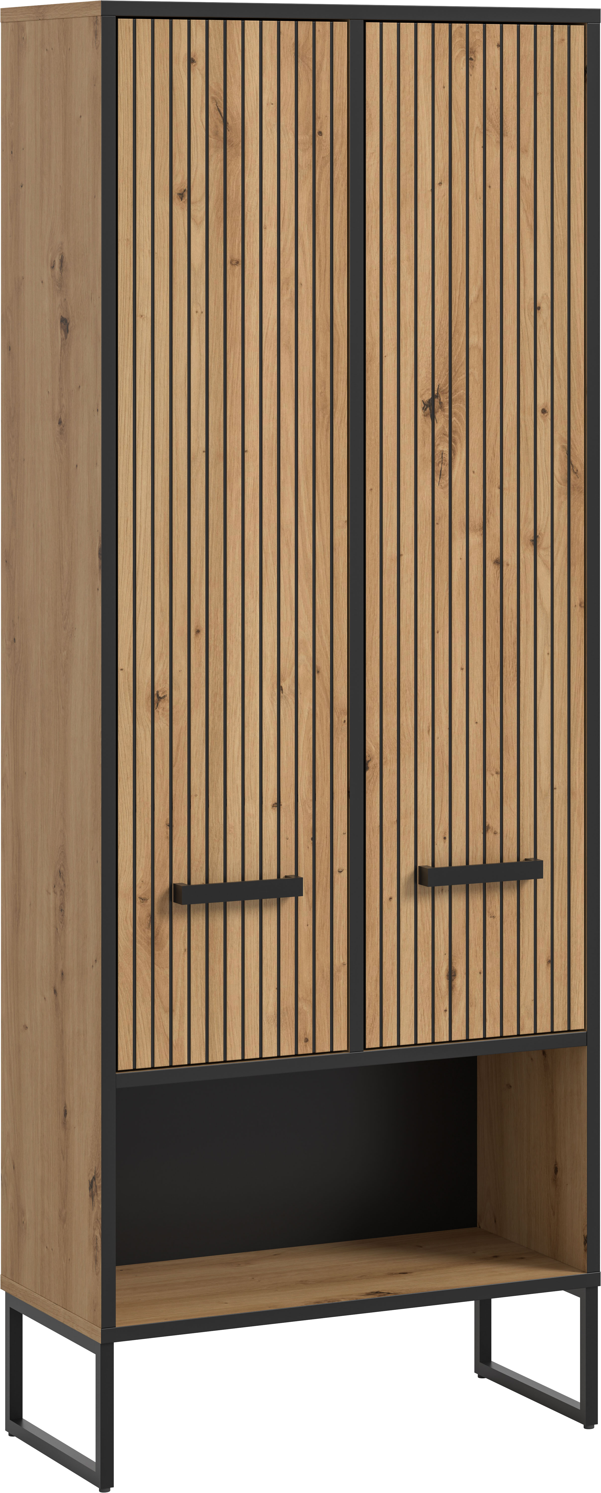 welltime Hochschrank "LOCRI, Höhe 159 cm, 2 Türen, 6 Einlegeböden, 1 offenes Fach" industrial Look mit Rillenoptik & Metall Kufen, 1 Stk. tlg. variable Einlegeböden, modernes Design, Badschrank, Bad