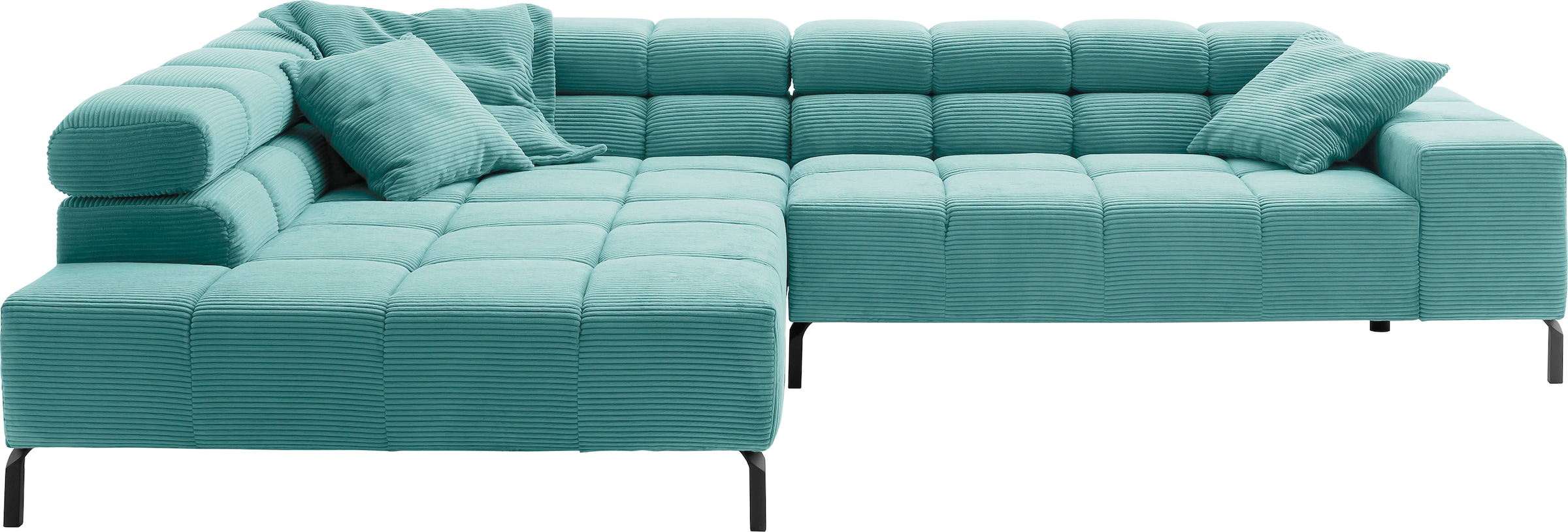 Ecksofa HOME AFFAIRE "Ancona New, wahlweise motorische Sitztiefenverstellung, auch in Cord", blau (hellblau), B:321cm T:216cm, : 88% Polyester, 12% Polyacryl, Sofas, Ecksofa, feine Steppung, mit Kopfteilverstellung, 3 Zierkissen, L-Form