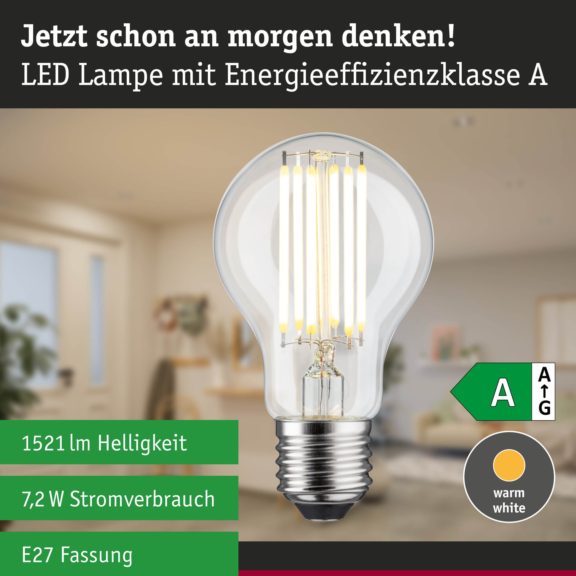 Paulmann LED-Leuchtmittel »Efficient-Line Filament 230V LED Birne E27 1 St.1521lm 7,2W 3000K Klar« E27 1 Stk. Warmweiß
