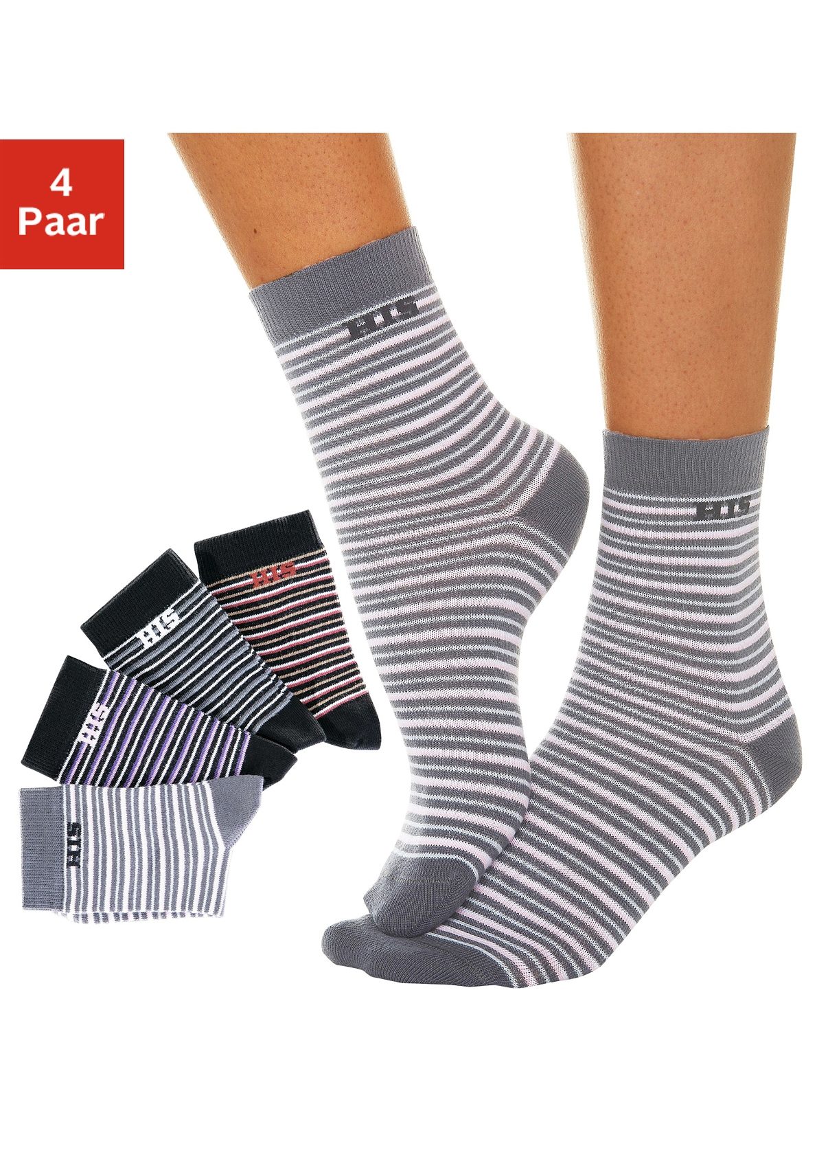 H.I.S Basicsocken "Damen Herren Ringel und uni Socken" Packung, 4 Stk. tlg. mit eingestricktem Markenlogo