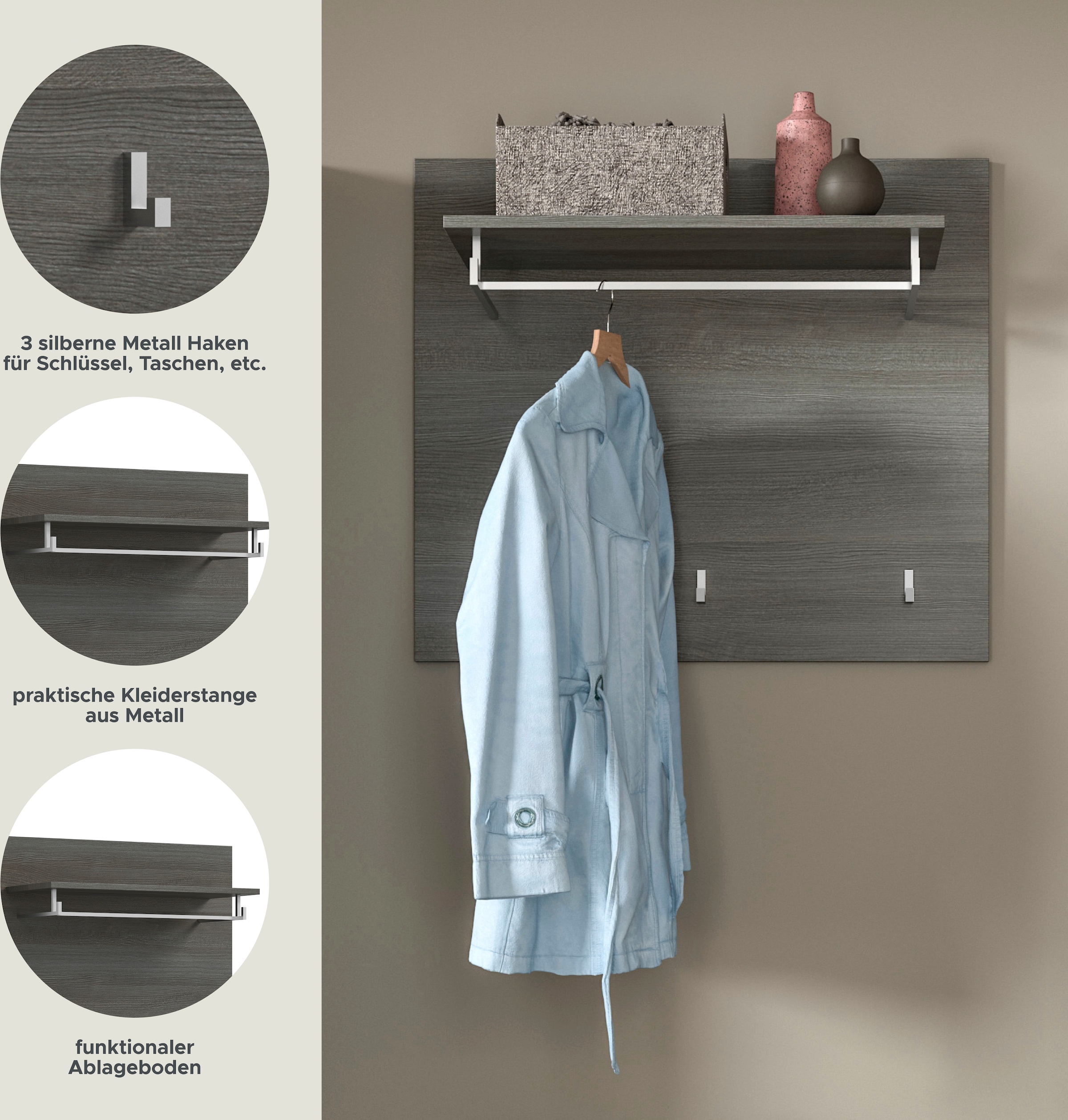 INOSIGN Garderobenpaneel »Rumba, Breite 80cm, 3 Haken, 1 Kleiderstange, 1 Ablageboden«, Garderobe, Paneel, Wandpaneel, Flurmöbel