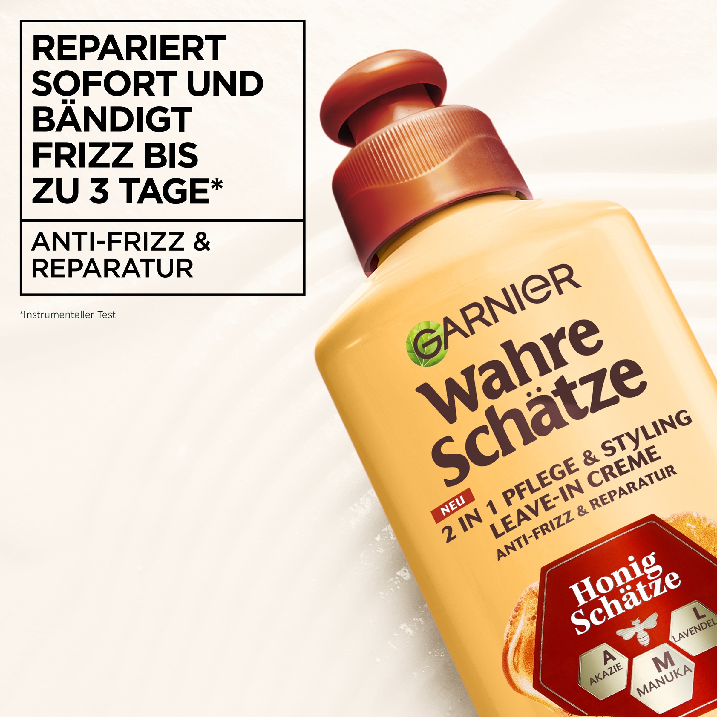 GARNIER Haarmousse »Garnier Wahre Schätze 2-in-1 Pflege & Styling Honig Schätze« für strapaziertes und brüchiges Haar, leichte Creme-Textur