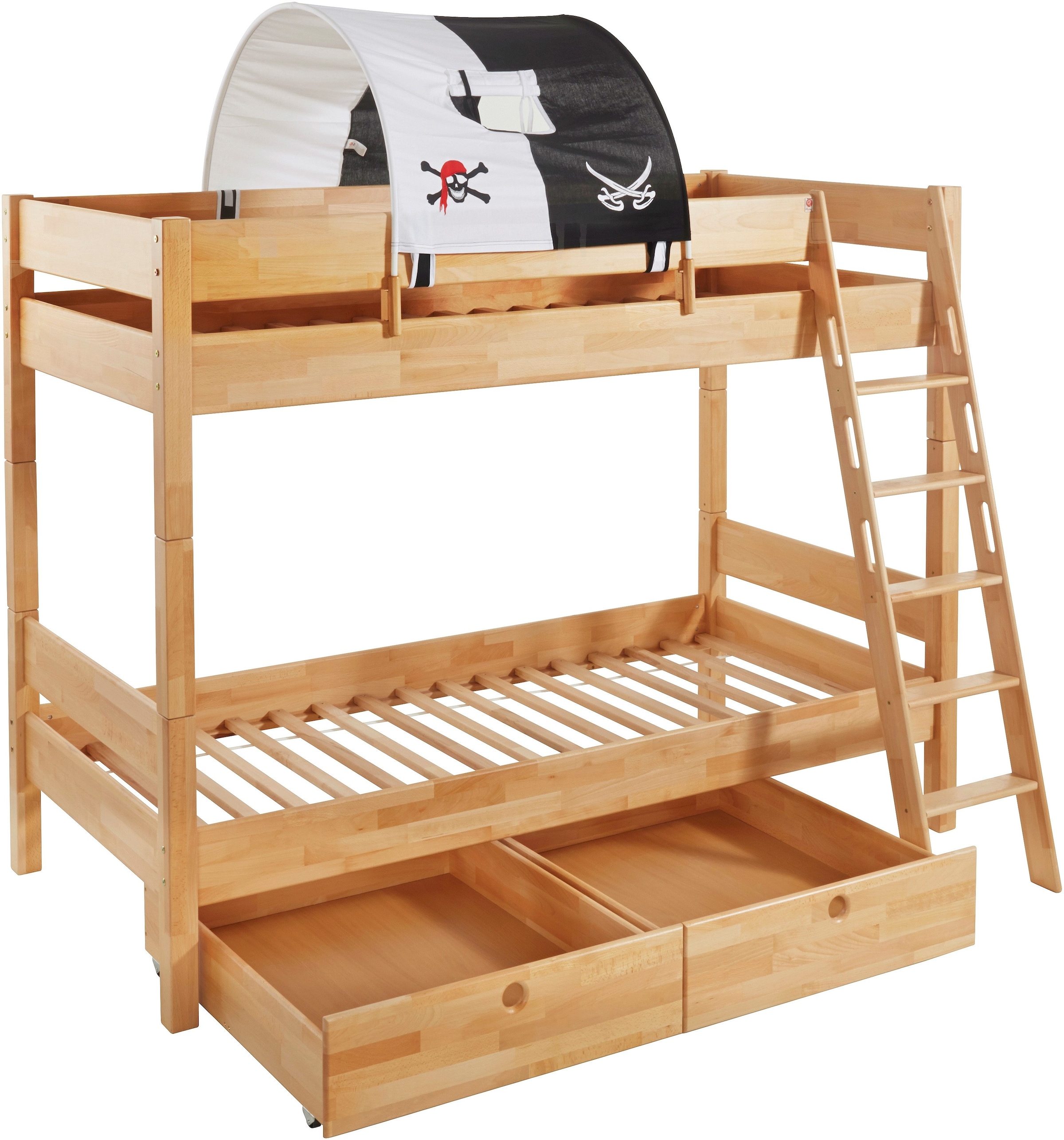Relita Etagenbett »Stefan«, inkl. Rolllattenrost, mit Leiter u. Absturzschutz, Textil-Set, Buche