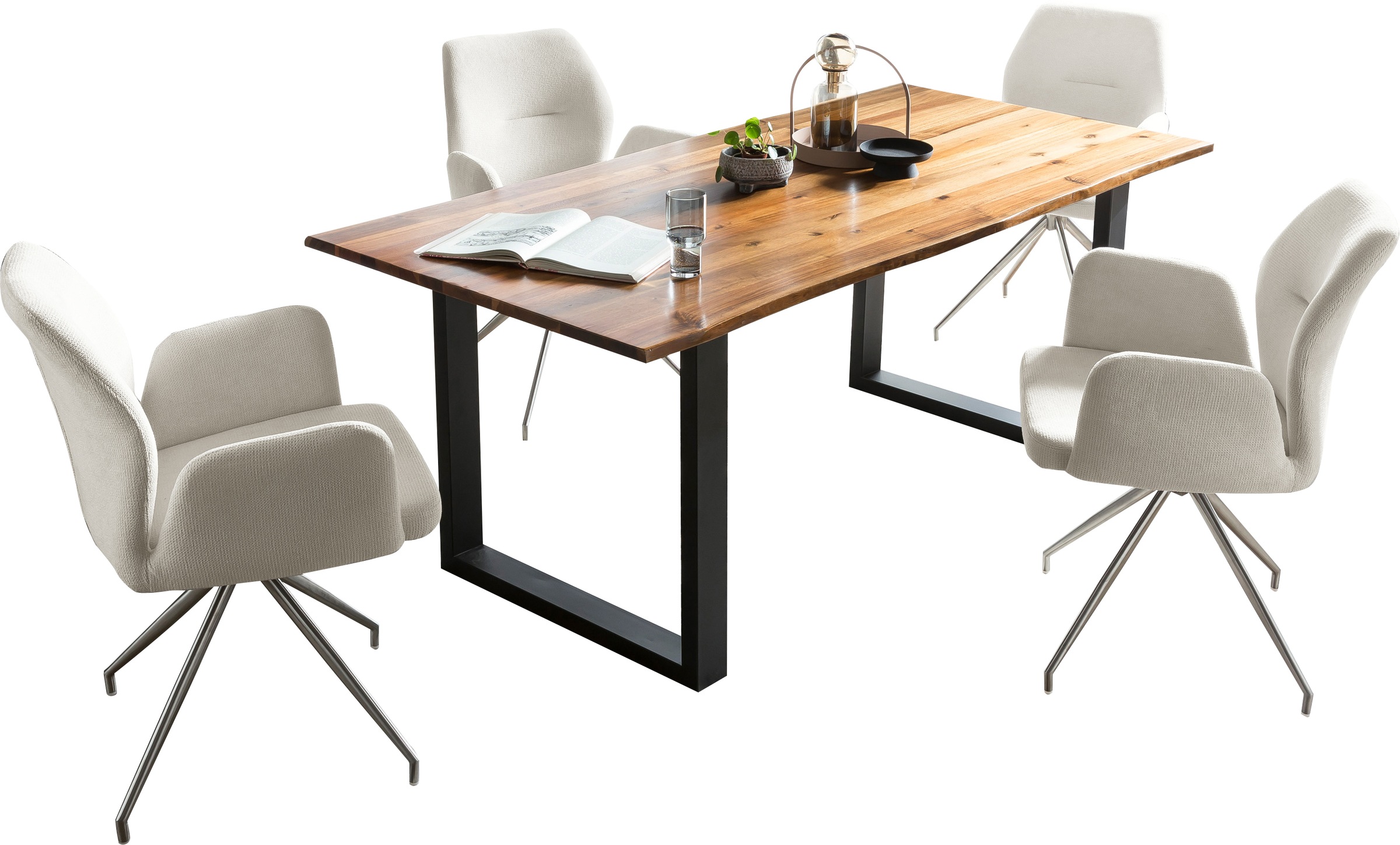 SalesFever Essgruppe »Tischgruppe für gemütliche Familienabende«, (Set, 5 tlg.), 5-teiliges Set: Tischplatte mit Baumkante, rostfreies Edelstahlgestell