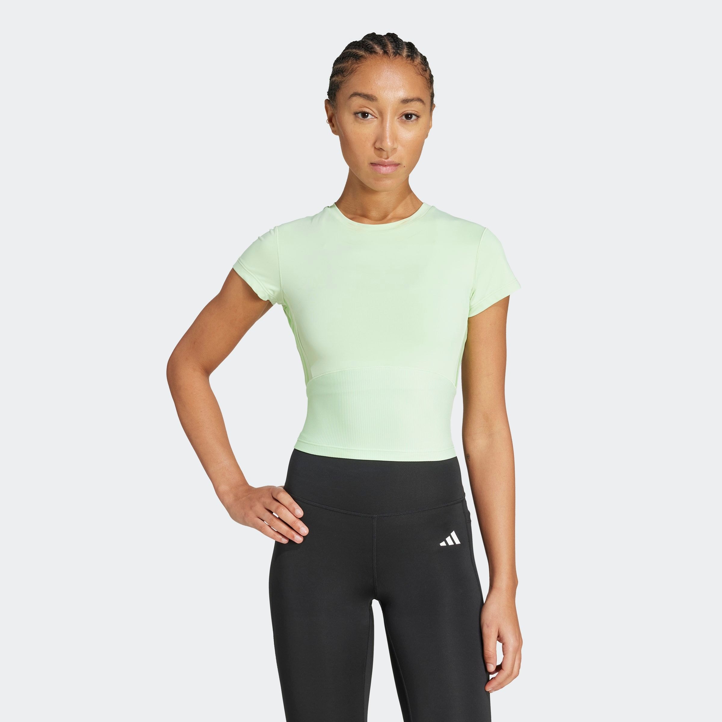 Damen T-Shirt "HYPERGLAM RIB BABY", grün, Gr. L, ADIDAS PERFORMANCE, Obermaterial: 88% Polyester, 12% Elasthan, Shirts