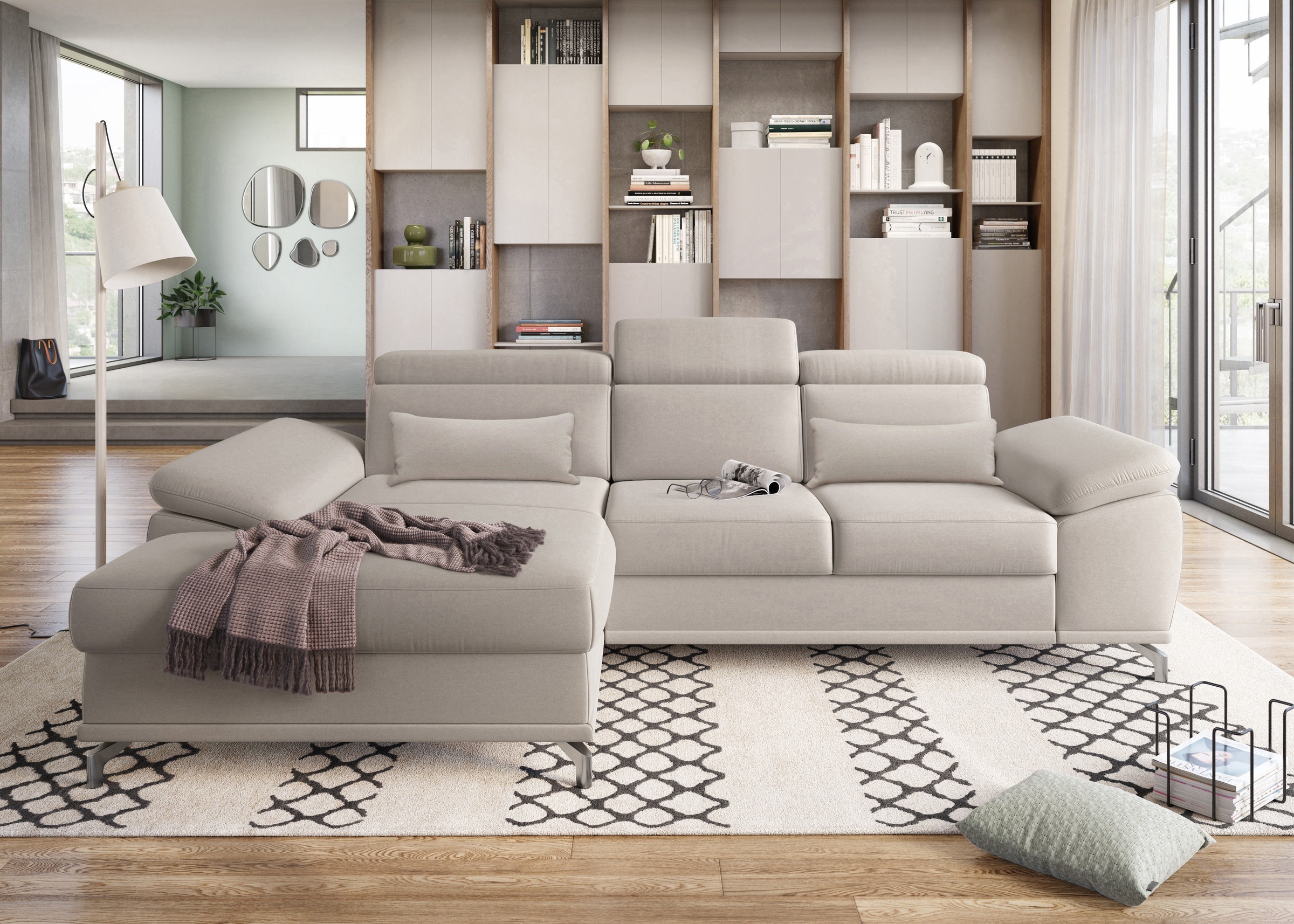 sit&more Ecksofa »Cabrio L-Form, mit Sitztiefenverstellung, Arm- und Kopfteilverstellung«, 2 Nierenkissen, Federkern, optional Bettfunktion und Stauraum