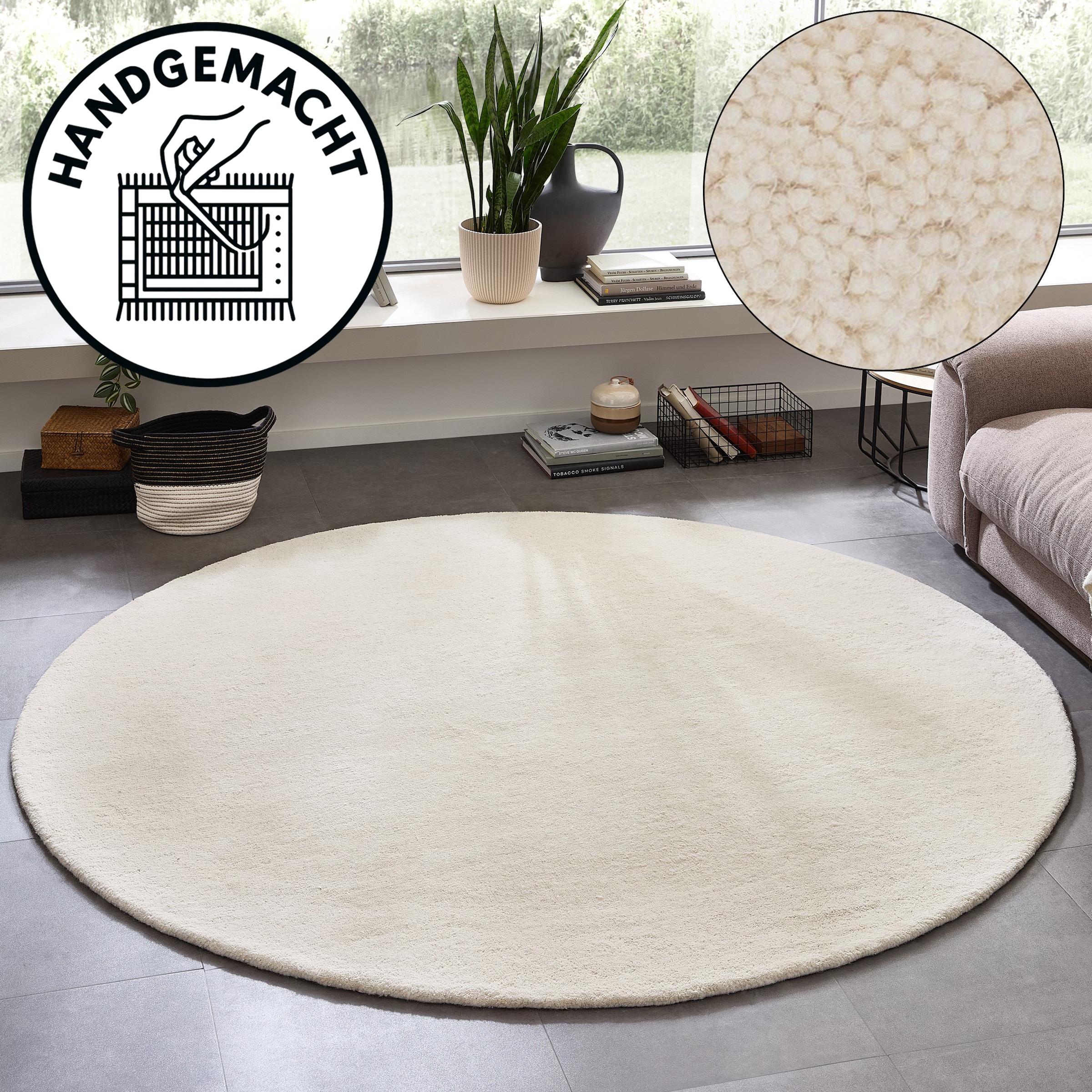 OTTO home Wollteppich "Gabbo Natur, Handgefertigt, Teppich, reine Wolle, meliert" rund 14 mm Höhe reine Wolle, Uni, Wohnzimmer, Schlafzimmer, Esszimmer
