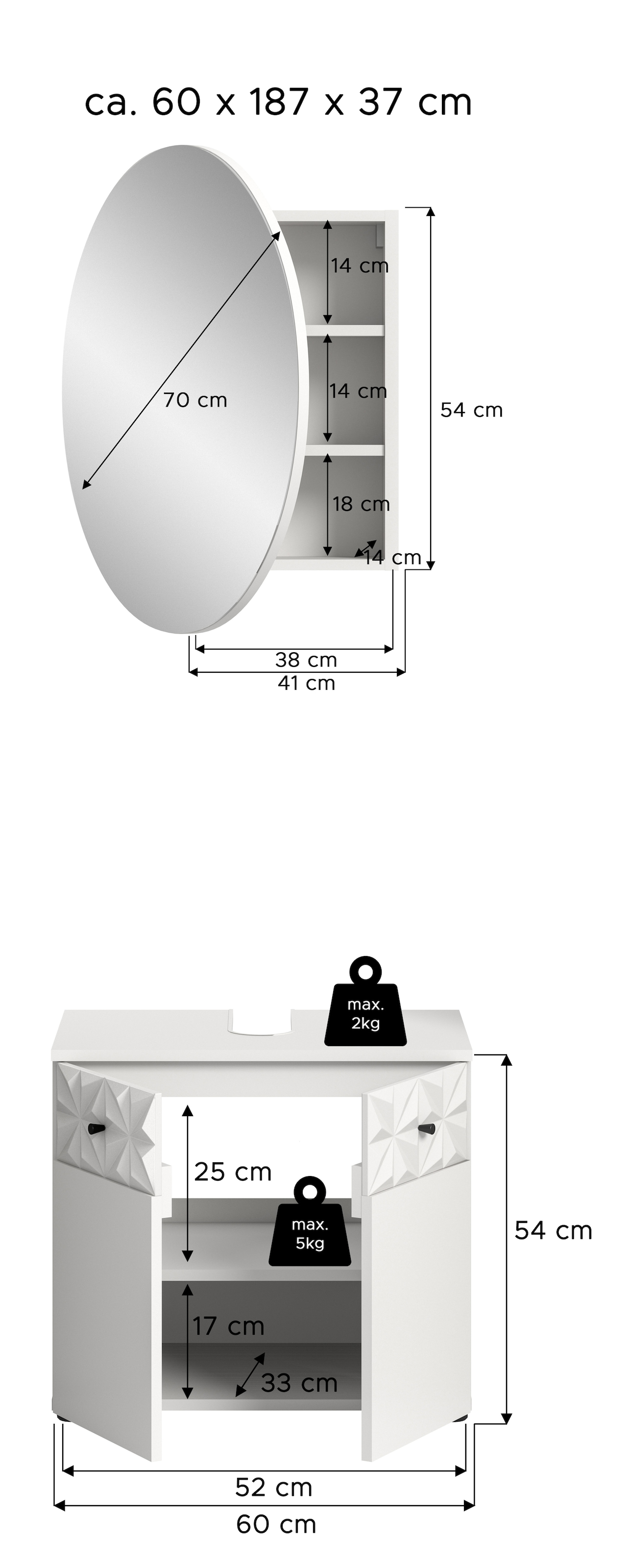 INOSIGN Badezimmer-Set »VICENZA, TOPSELLER!, Breite 60cm, 2-teilig, mit Ornamentabsetzung«, (best. aus: Waschbeckenunterschrank und Spiegelschrank), Waschbeckenunterschrank und Spiegelschrank