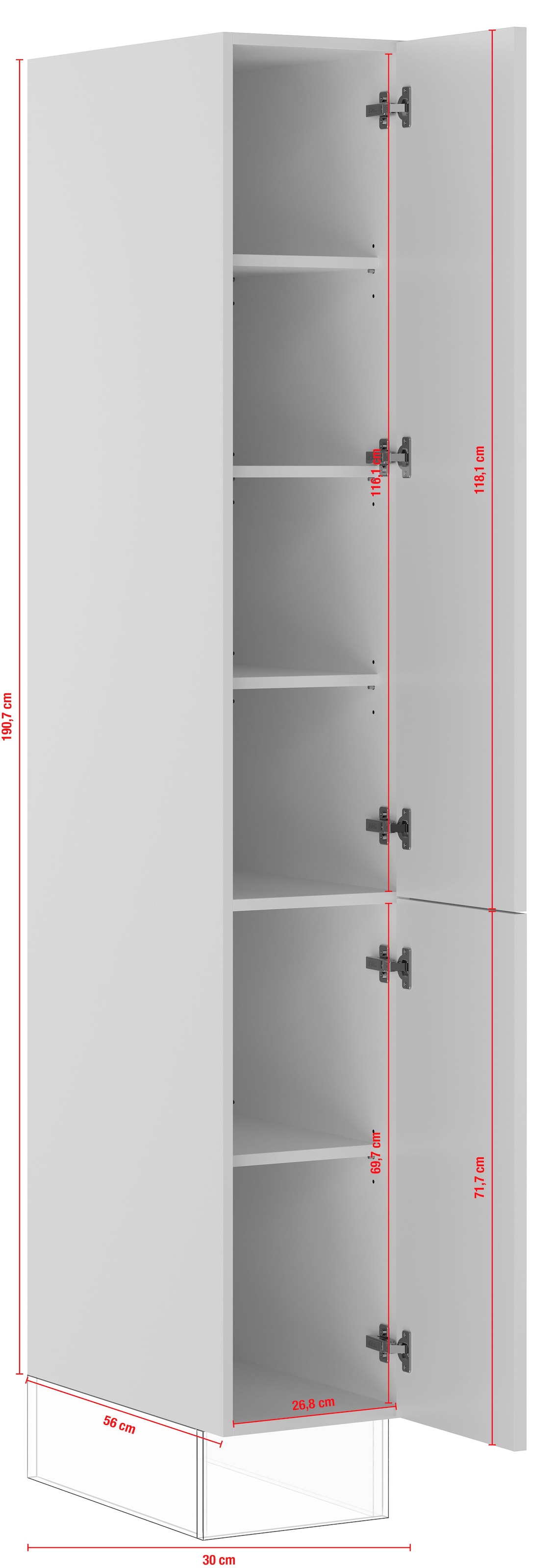 IMPULS KÜCHEN Seitenschrank »"Valencia", Breite/Höhe: 30/190,7 cm«, vormontiert, mit Drehtüren, mit verstellbaren Fachböden