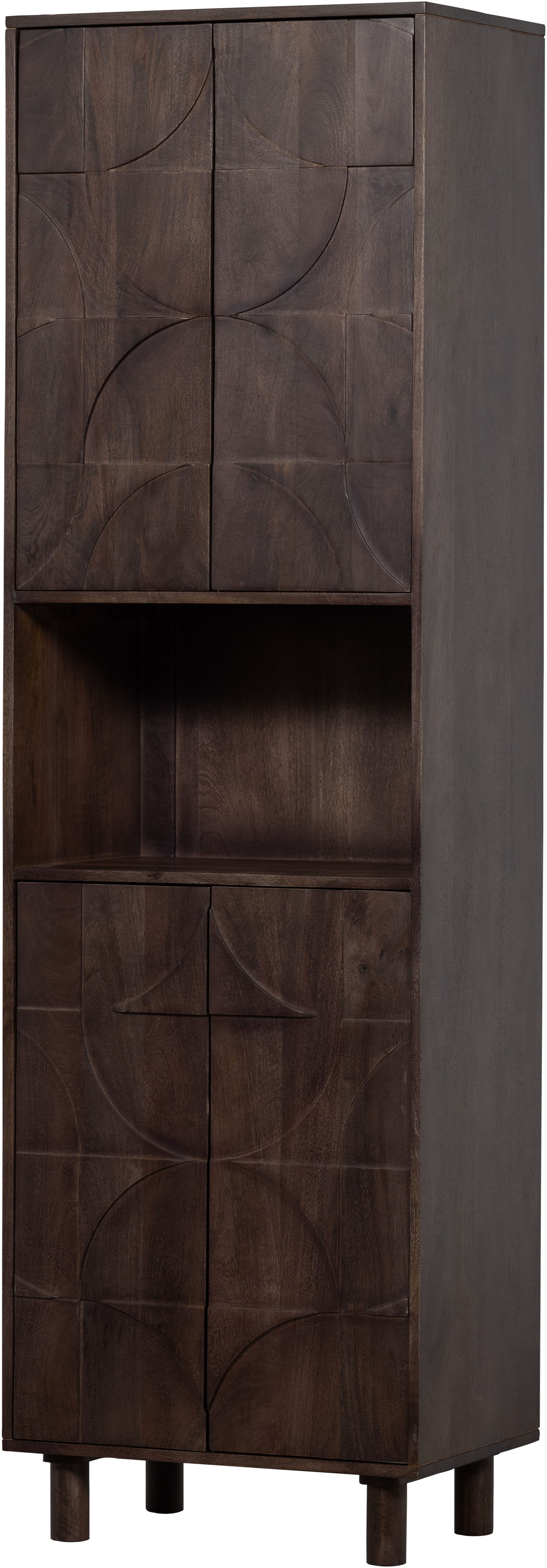 WOOOD Vitrine "Draw Mangoholz mit Druckmechanismus und 3D-Relieftüren 60x40x200 cm" Tragkraft 15 kg pro Boden, Wandbefestigung empfohlen ab 50 cm