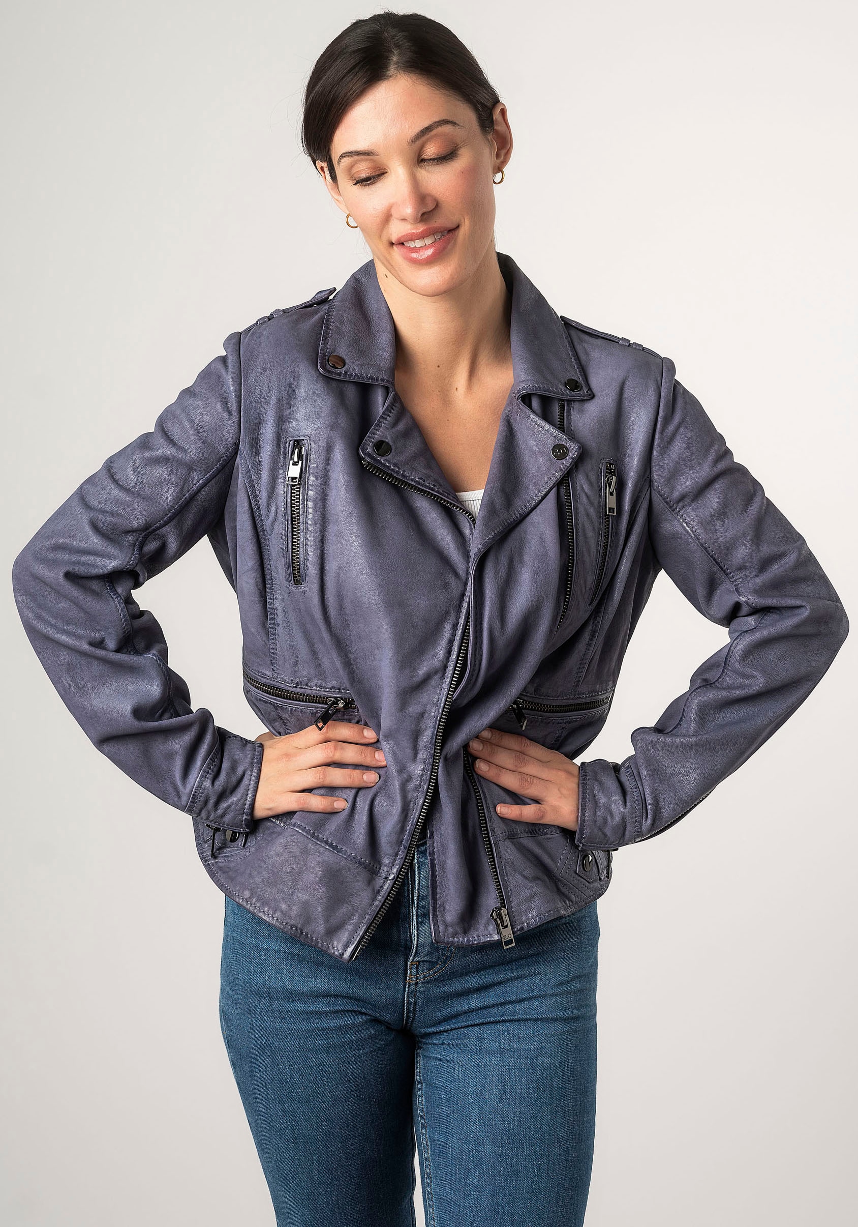 Mauritius Lederjacke »2Wtashi«, mit Schulterklappen, mit Nieten, mit Zipper-Taschen
