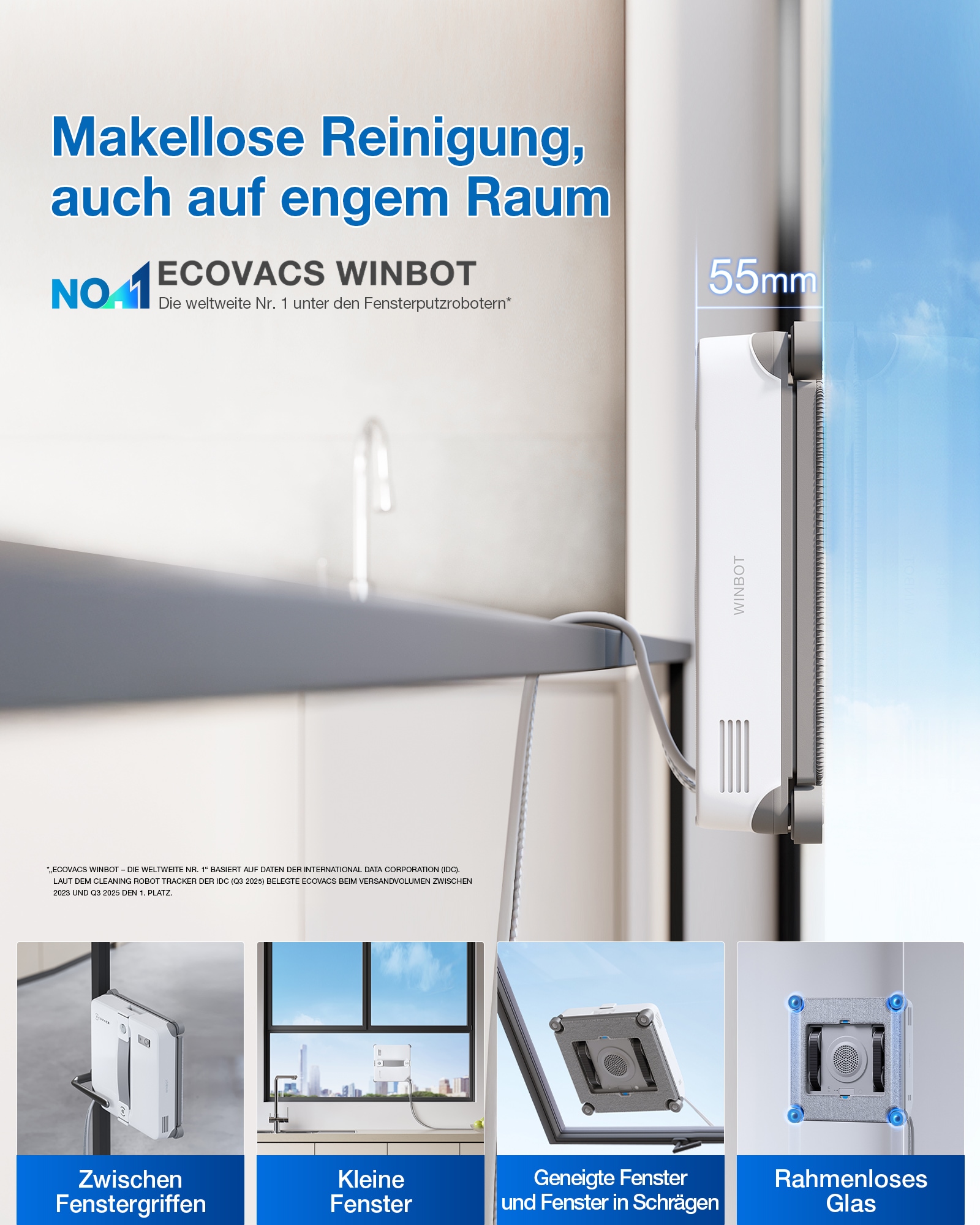 ECOVACS Fensterputzroboter »WINBOT Mini 2, inkl. Reinungslösung 230ml« 50ml Wassertank, Bürsten an allen Ecken, 3,5m Kabel