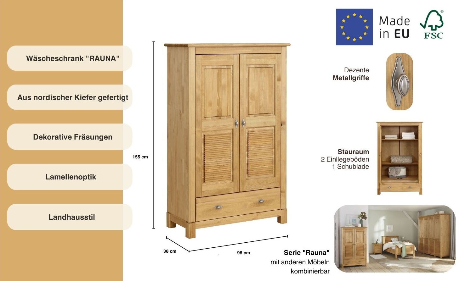 Thumbnail - Home affaire Wäscheschrank "Rauna" B/H/T ca. 96/155/38 cm, aus massiver Kiefer, FSC, 2-türig, 96cm breit