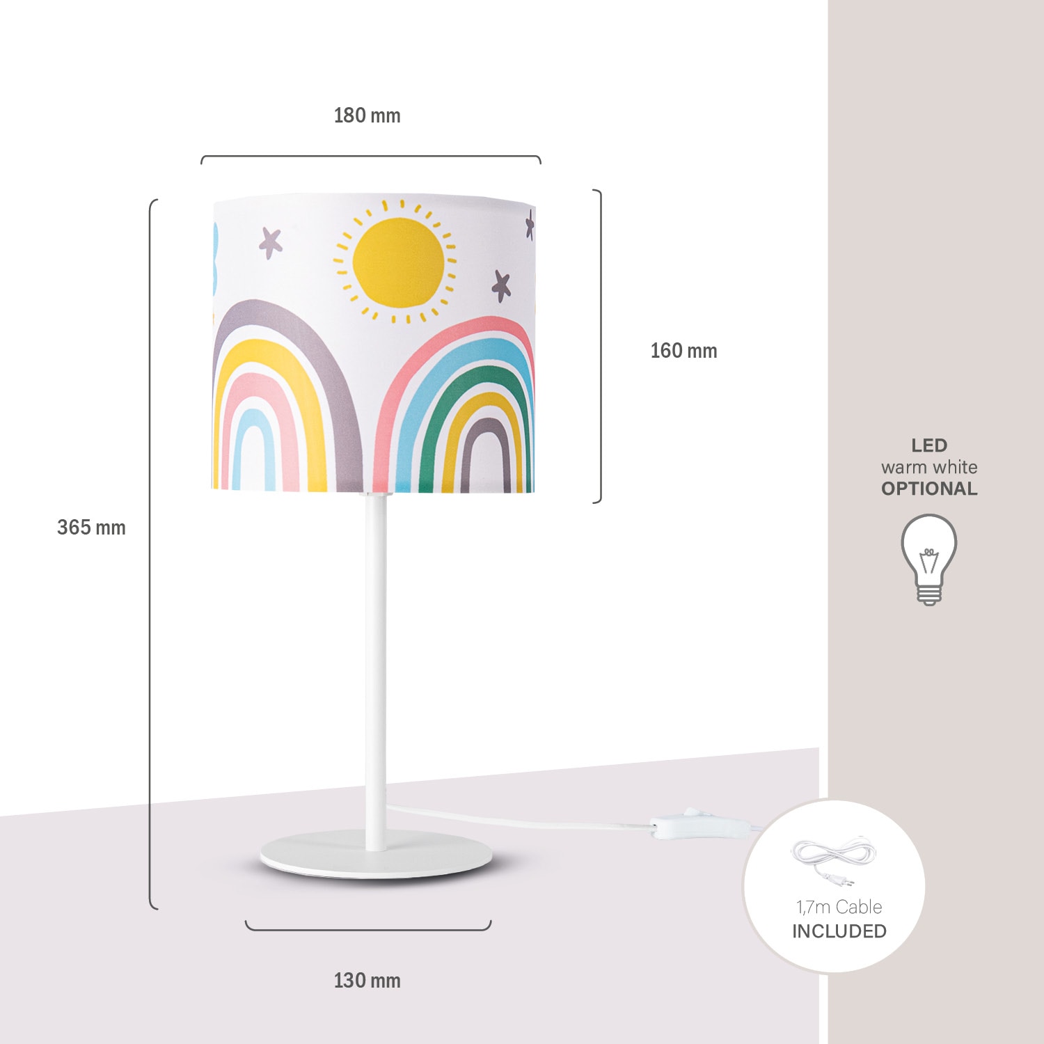 Paco Home Tischleuchte »Tweet 462«, 1 flammig, Leuchtmittel E14 | ohne Leuchtmittel, Lampe Kinderzimmer Ø 18cm Regenbogen Sonne Wolken Höhe 36,5cm E14