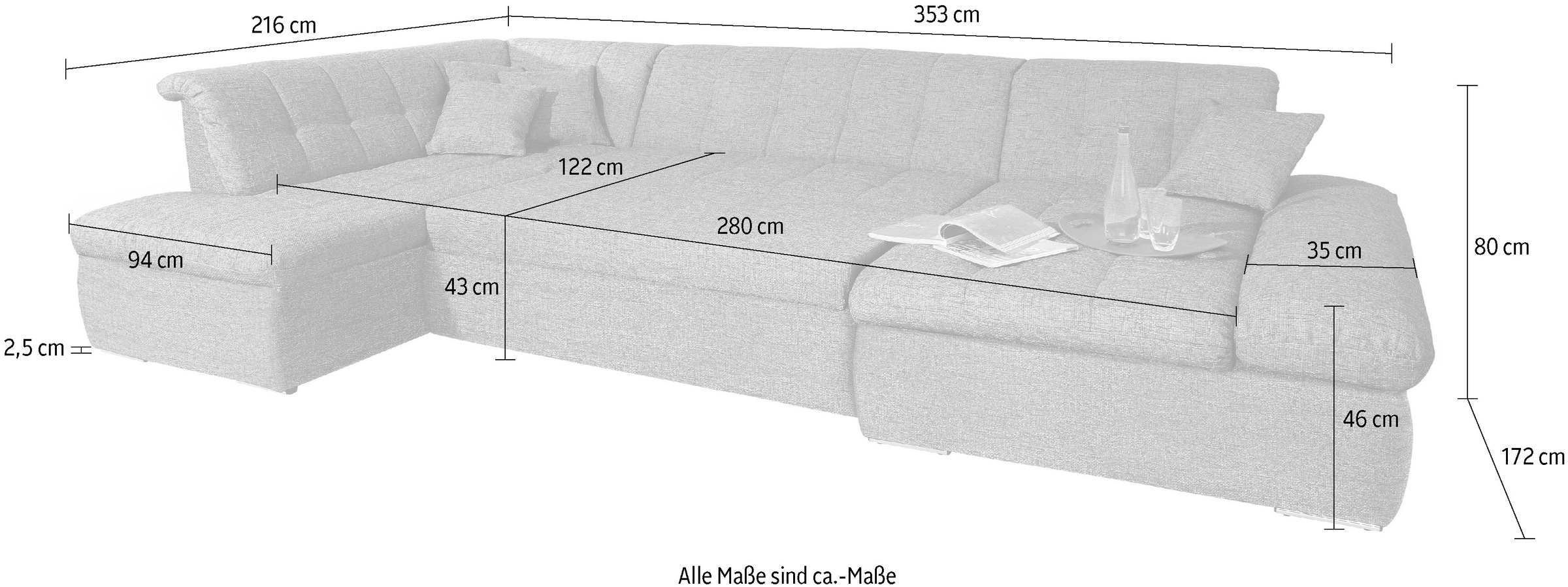 DOMO collection Wohnlandschaft »NMoric im XXL-Format, B/T/H: 353/216/80 cm, incl. Zierkissen U-Form«, wahlweise mit Bettfunktion und Armlehnenverstellung