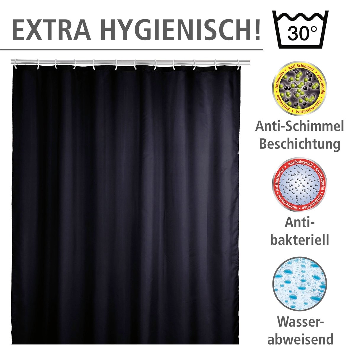 WENKO Duschvorhang »Uni Black«, Höhe 200 cm, Polyester, waschbar