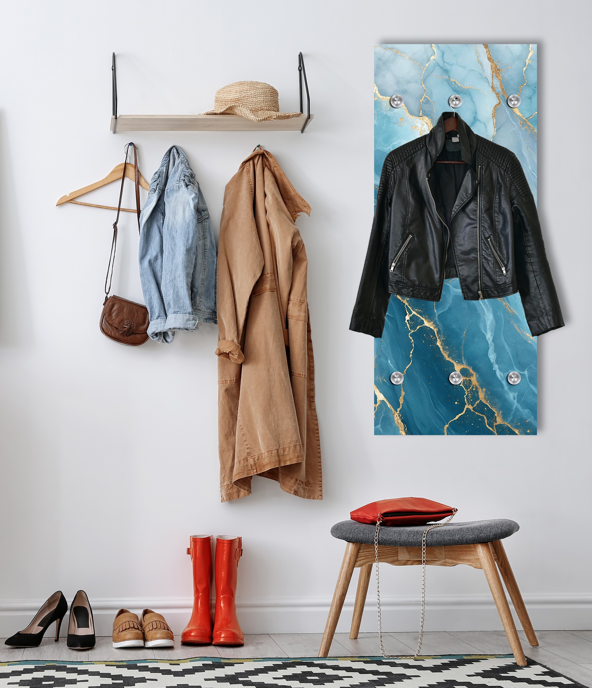 Garderobenpaneel QUEENCE "Wandgarderobe mit Motiv Marmor Abstrakt inkl. Edelstahlhaken", gold, B:50cm H:120cm T:2,5cm, Acrylglas, Edelstahl, Garderobenpaneele, Garderobenpaneel, HD Premium Druck auf Acrylglas