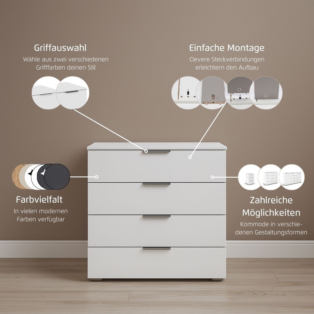 rauch Schubkastenkommode »Sideboard Schubladenkommode AGORDO mit Dekor- oder Hochglanzfront«, (in zwei Griff-Farben, Breite 80 cm inkl. Soft-Close-Funktion), vier große und geräumige Schubladen mit viel Stauraum MADE IN GERMANY