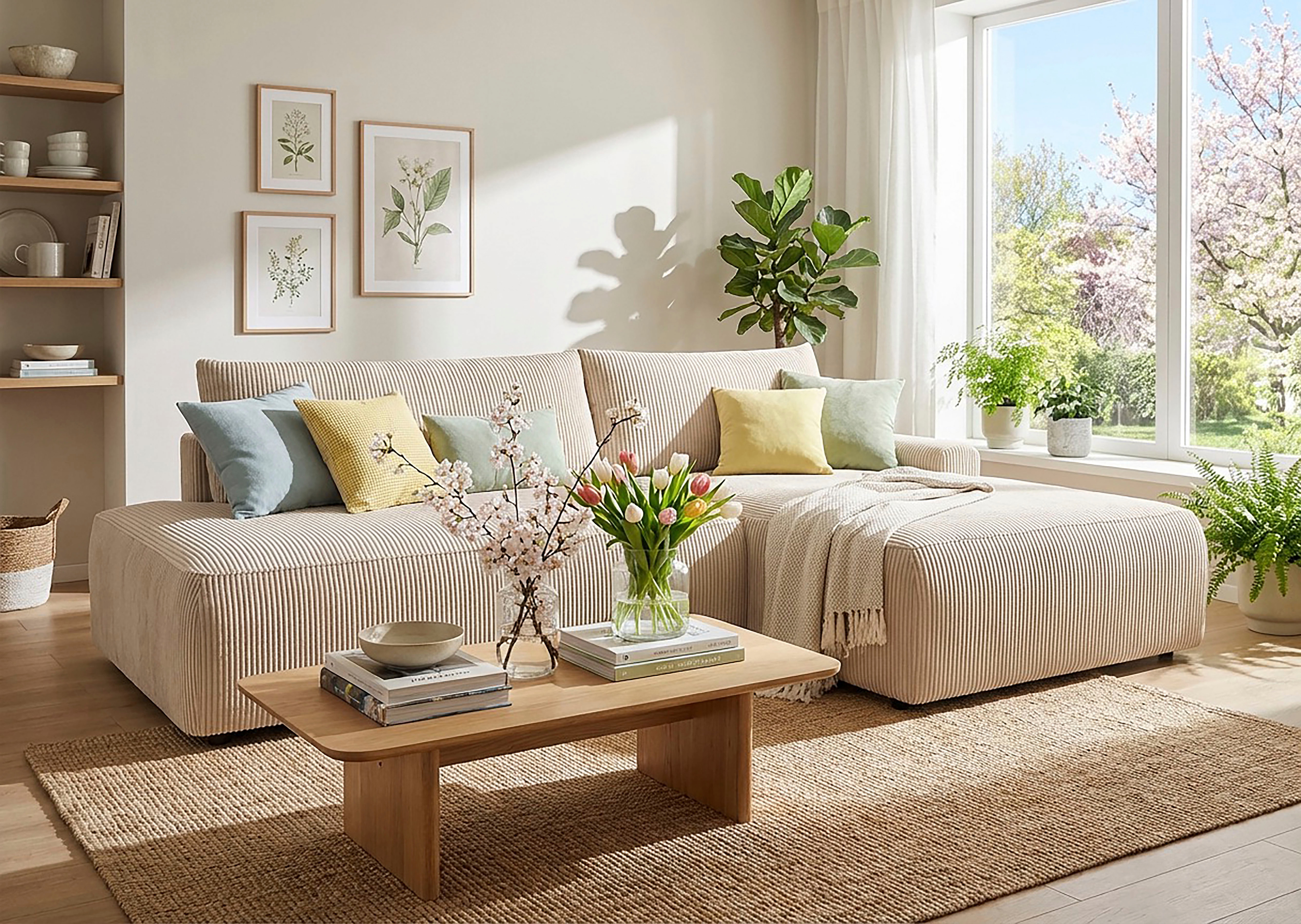 TRENDMANUFAKTUR Ecksofa "Prag, Schlafsofa mit Bettkasten, Couch in L-Form, Breite 253 cm" in Cordstoff HYPER, cream, Recamiere rechts