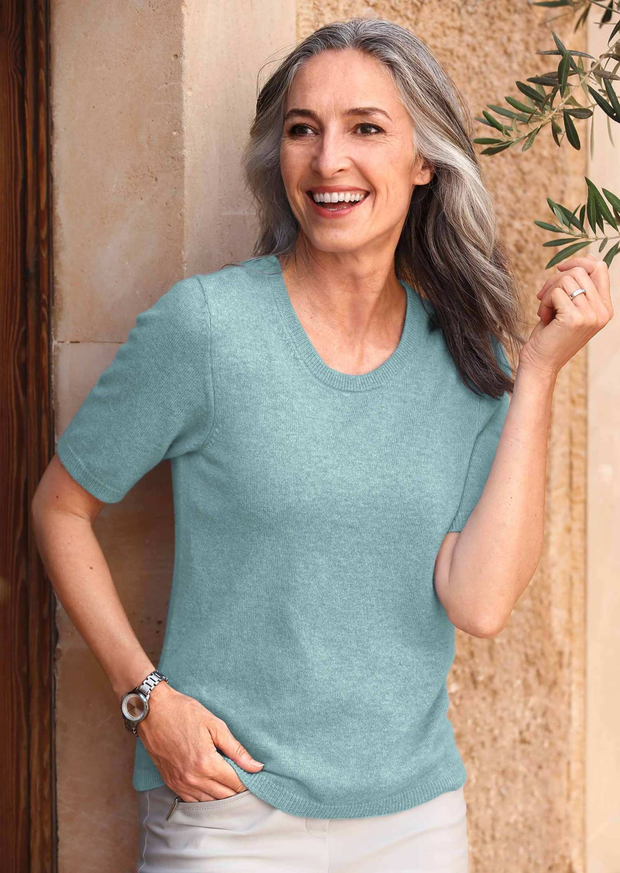 GOLDNER Kurzarmpullover "Kurzgröße Kaschmir-Halbarmpullover mit Rundhals" A günstig online kaufen