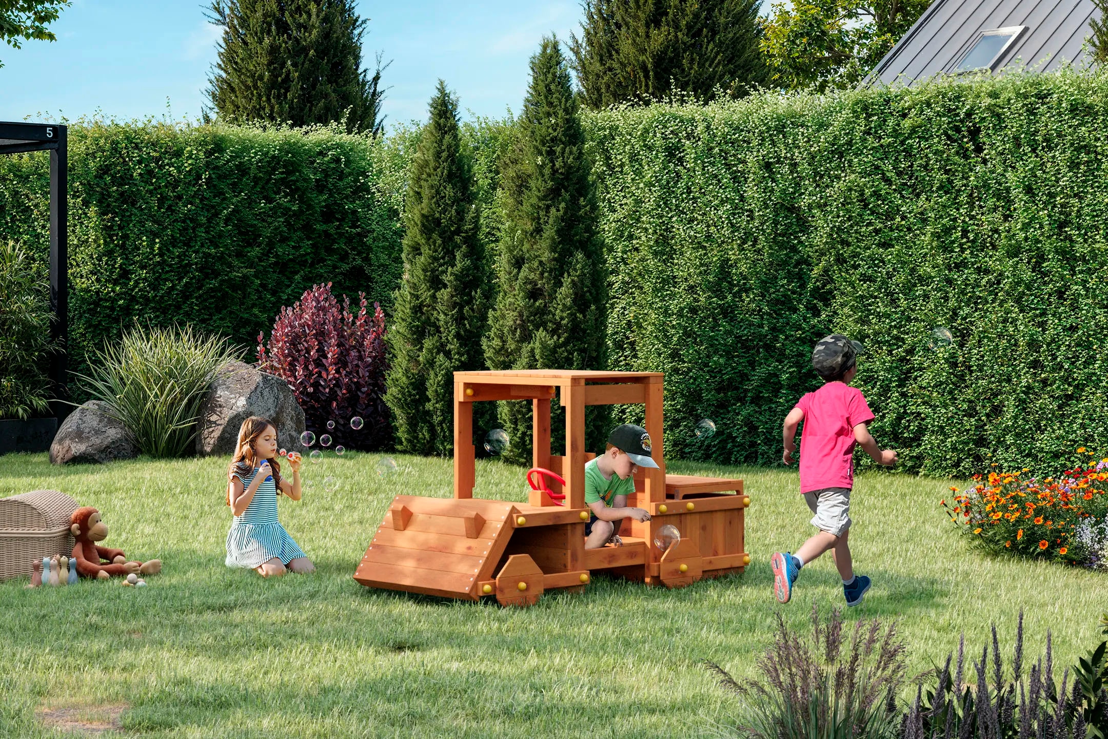 FUNGOO Spielturm »Garden Buggy, Spielgerät mit kreativem Autokofferraum und Holzdach«, Made in Europe