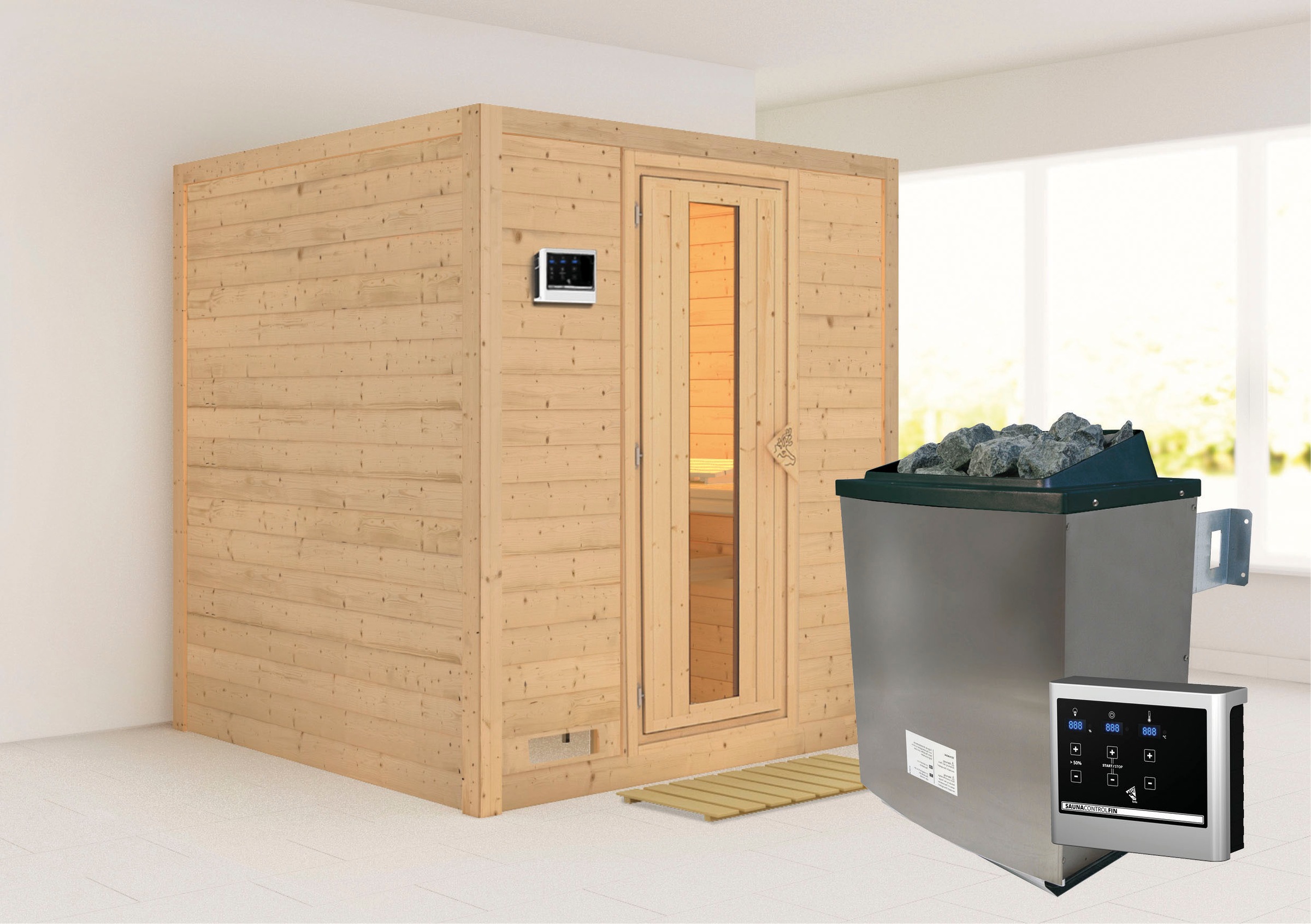 Karibu Sauna »Menja«, 9-kW-Ofen mit externer Steuerung