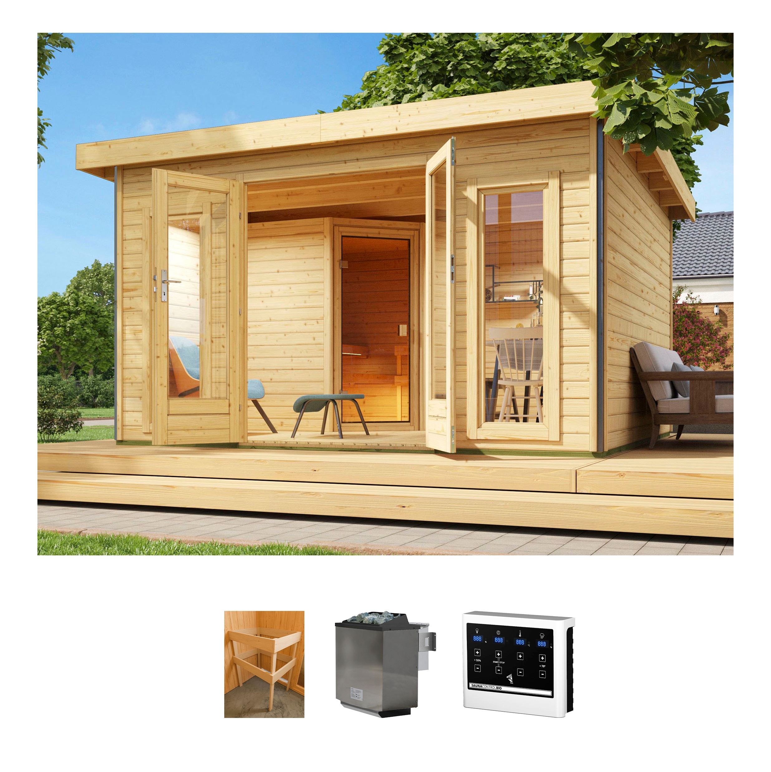 KONIFERA Saunahaus "Maiko 3", Bio-Ofen, externe Steuerung, 9 kW, beige, Garten, Saunen, Ofen 9 kW Bio externe Strg easy