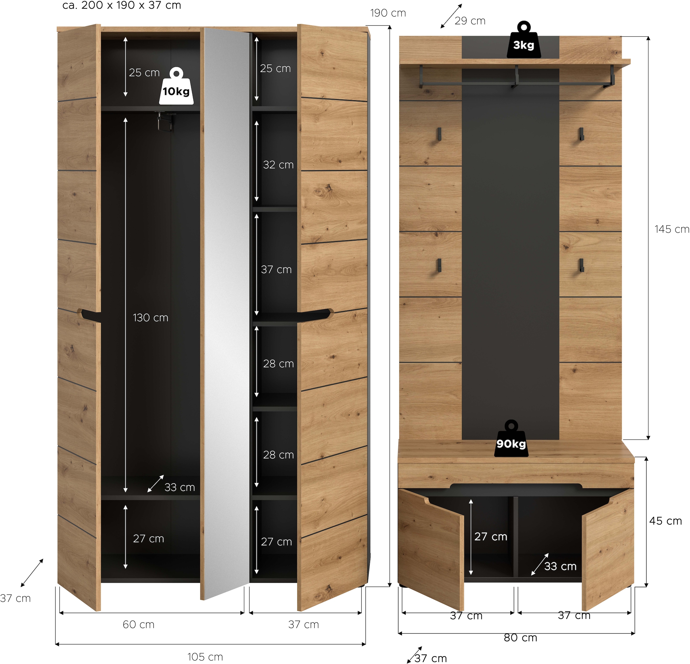 Home affaire Garderoben-Set »REHAT, TOPSELLER!, 3-teilig, Breite 200 cm, individuell stellbar« Set, best. aus: Garderobenschrank, Sitzbank & Garderobenpaneel, 3 Stk. tlg.