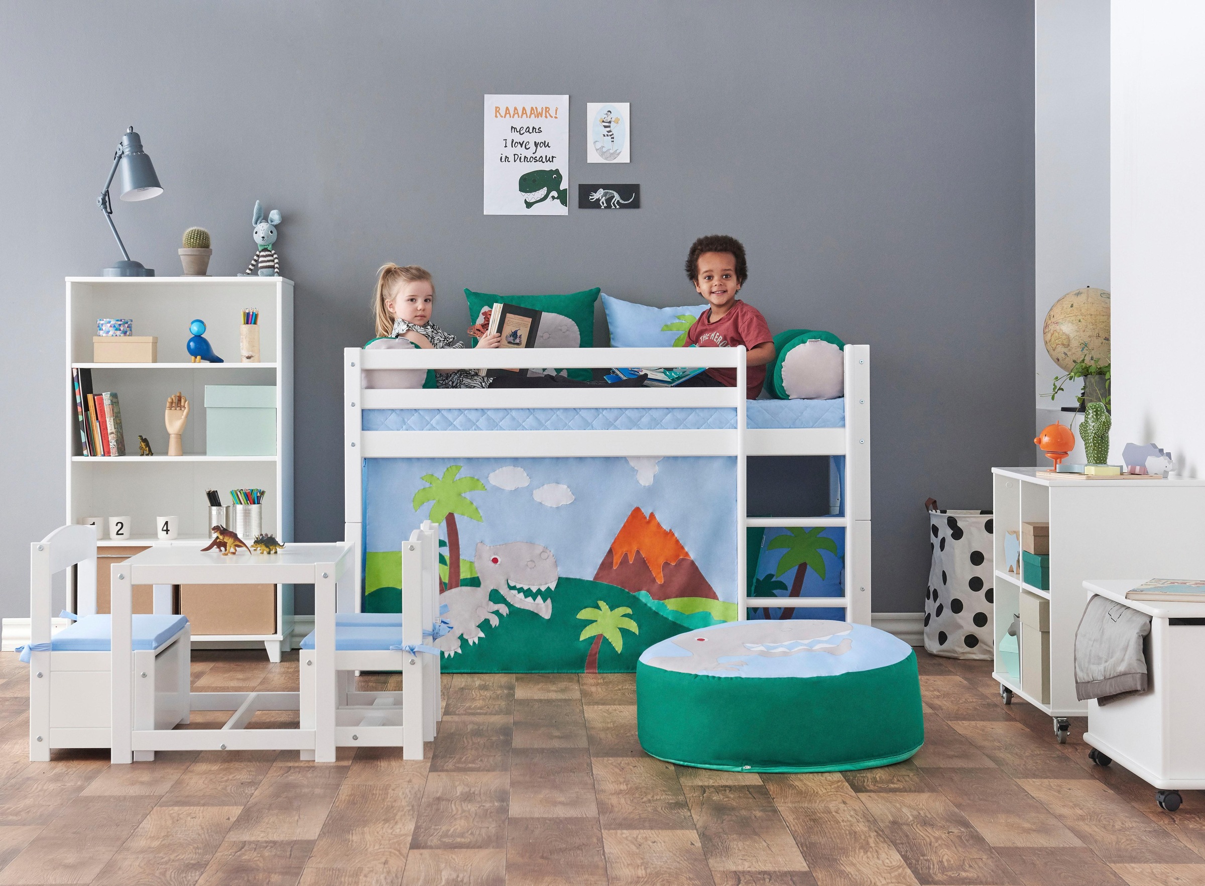 Hoppekids Hochbett Dinosaurier Inkl Vorhang Set Matratze Und Rollrost Bestellen Baur