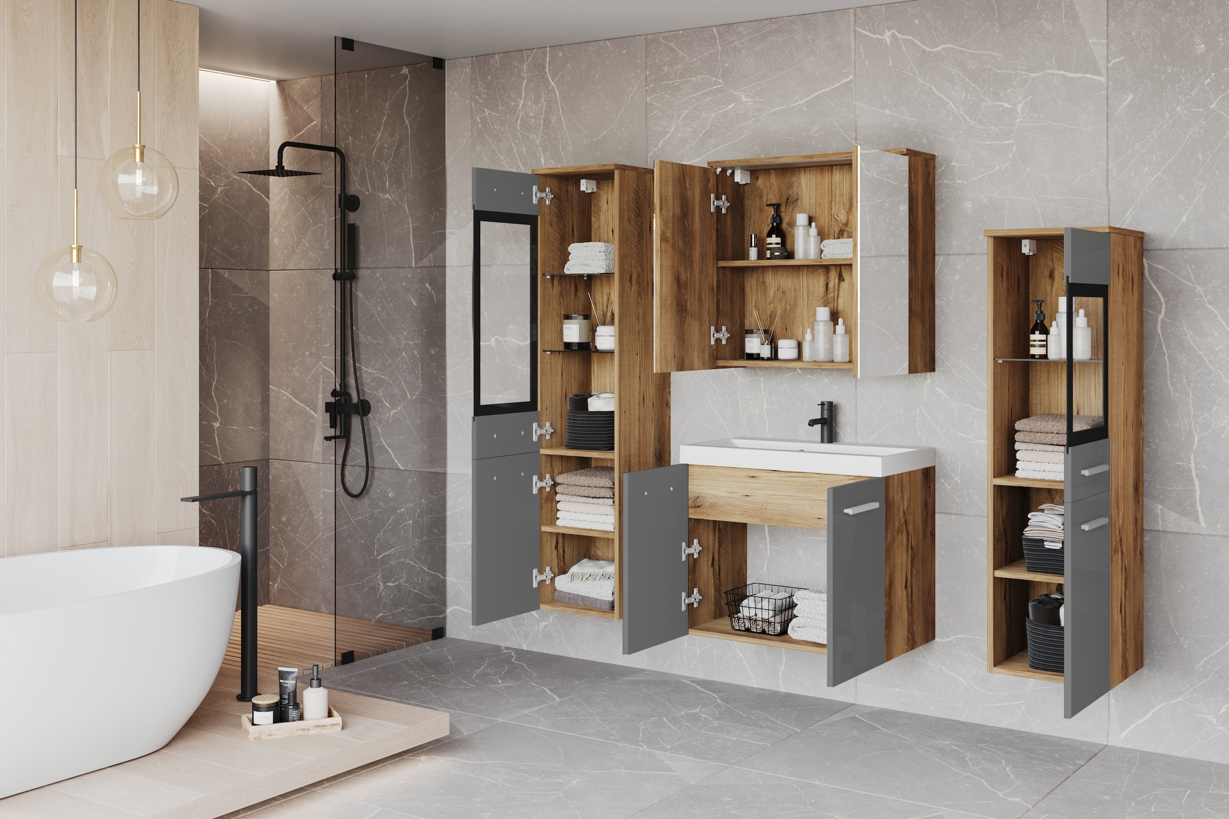 welltime Badmöbel-Set »MADRIT II, Schrank mit Waschbecken, 2 Hänger, Spiegelschrank«, (Komplett-Set, 5 St.), Hängende Badmöbel mit Glaseinsätzen – in vielen Farben erhältlich