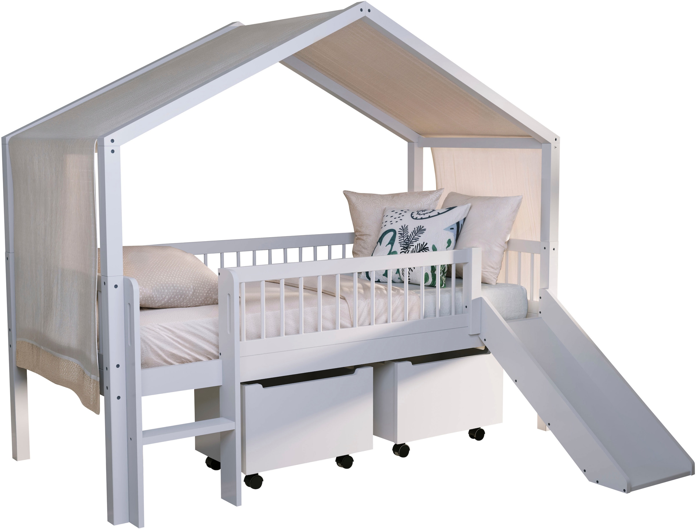 Vipack Hausbett "Inkl. Dachaufbau, Leiter, Rutsche und Rolllattenrost, Made in Europe" wahlweise mit und ohne dekorativem Textilhimmel erhältlich, hochwertig und stabil bebaut, Buche massiv weiß lackiert