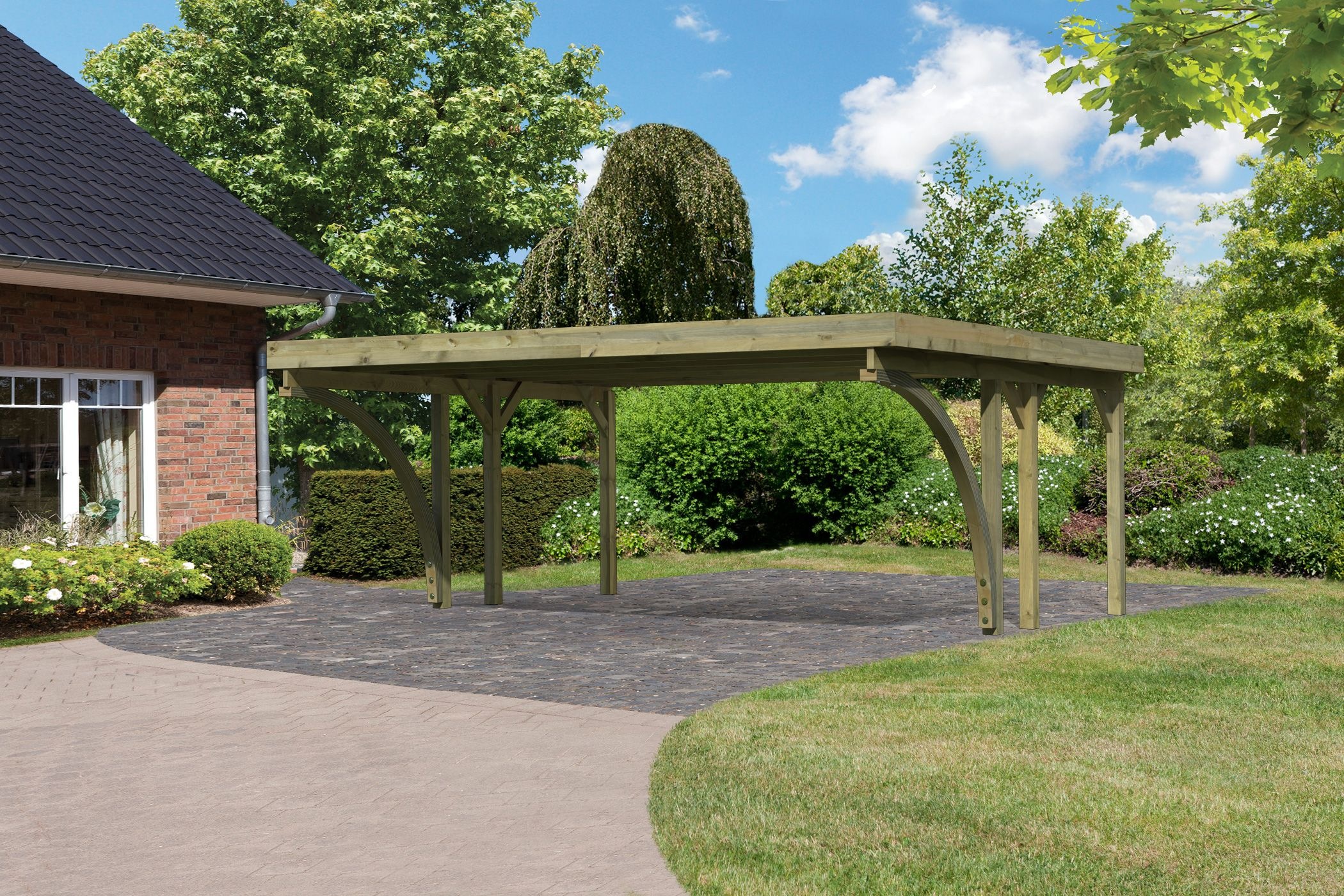 Doppelcarport KARIBUkdi, Carports, "»Classic 1 SET« PVC-Dach Variante C, mit zwei Einfahrtsbogen", aus Masivholz