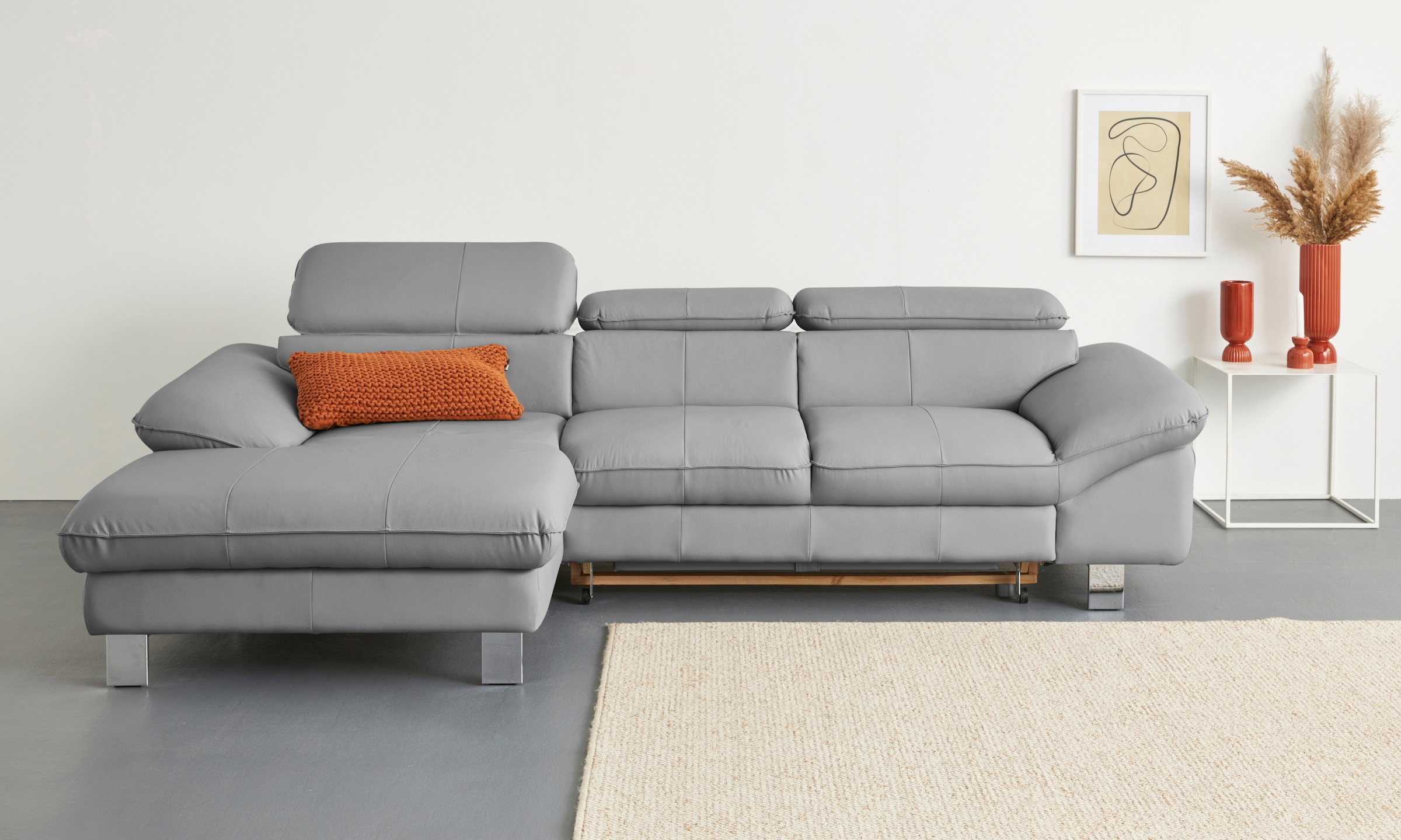 COTTA Ecksofa "Driver L-Form, B: 268 cm, moderne Couch mit Wellenunterfederung, Leder" Kopfteilverstellung, opt. Schlaffunktion + XL Bettkasten, LF:191x129cm