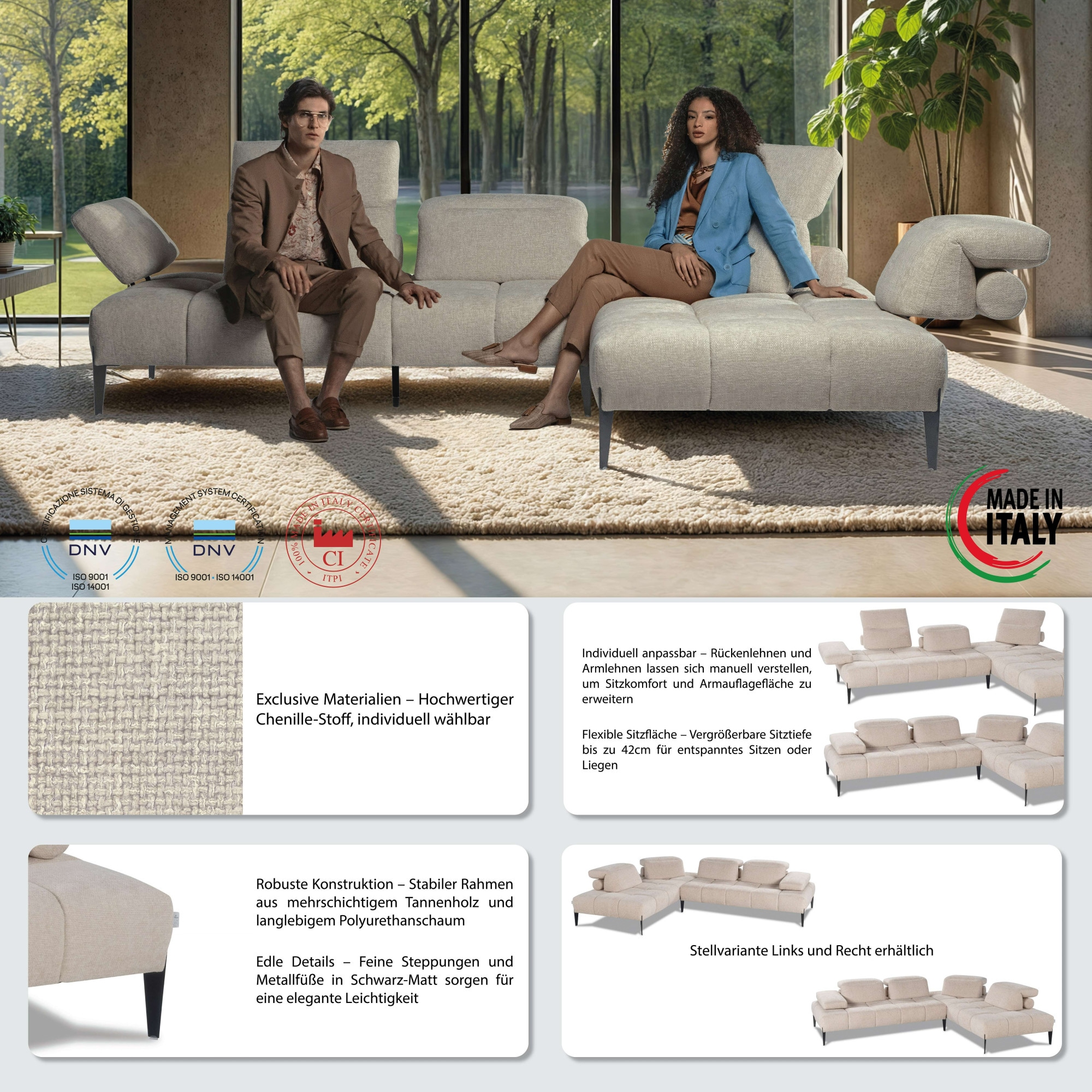 CALIA ITALIA Ecksofa »Skyline, Made in Italy, Design-Sofa, L-Form, mit Sitztiefenverstellung« verstellbare Armlehne und Kopfstütze für maximalen Komfort