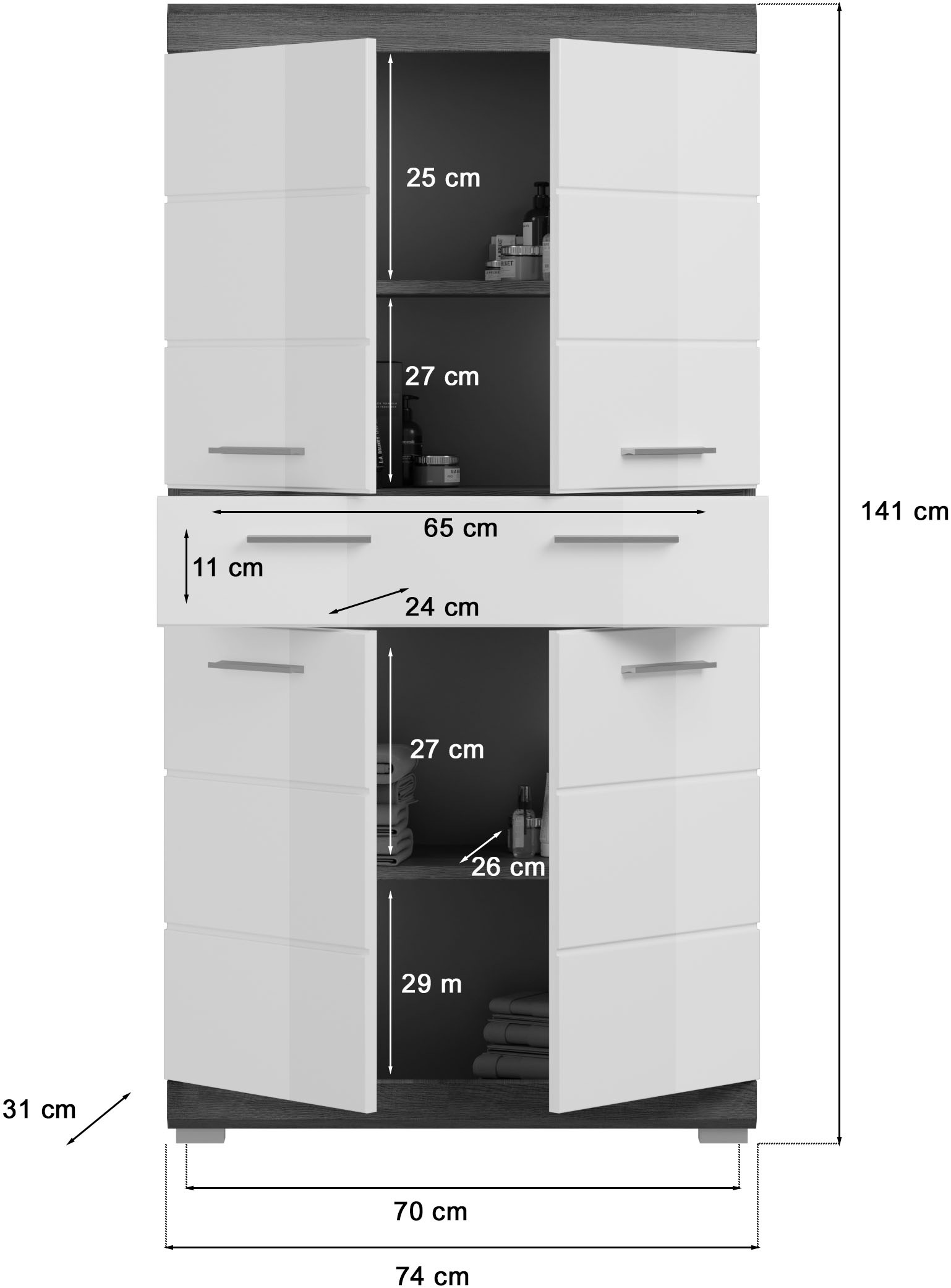 INOSIGN Badmöbel-Set »Siena, 4 teilig, bestehend aus:«, (Set, 4 St.), Hochschrank, Waschbeckenunterschrank, Spiegelschrank, Midischrank