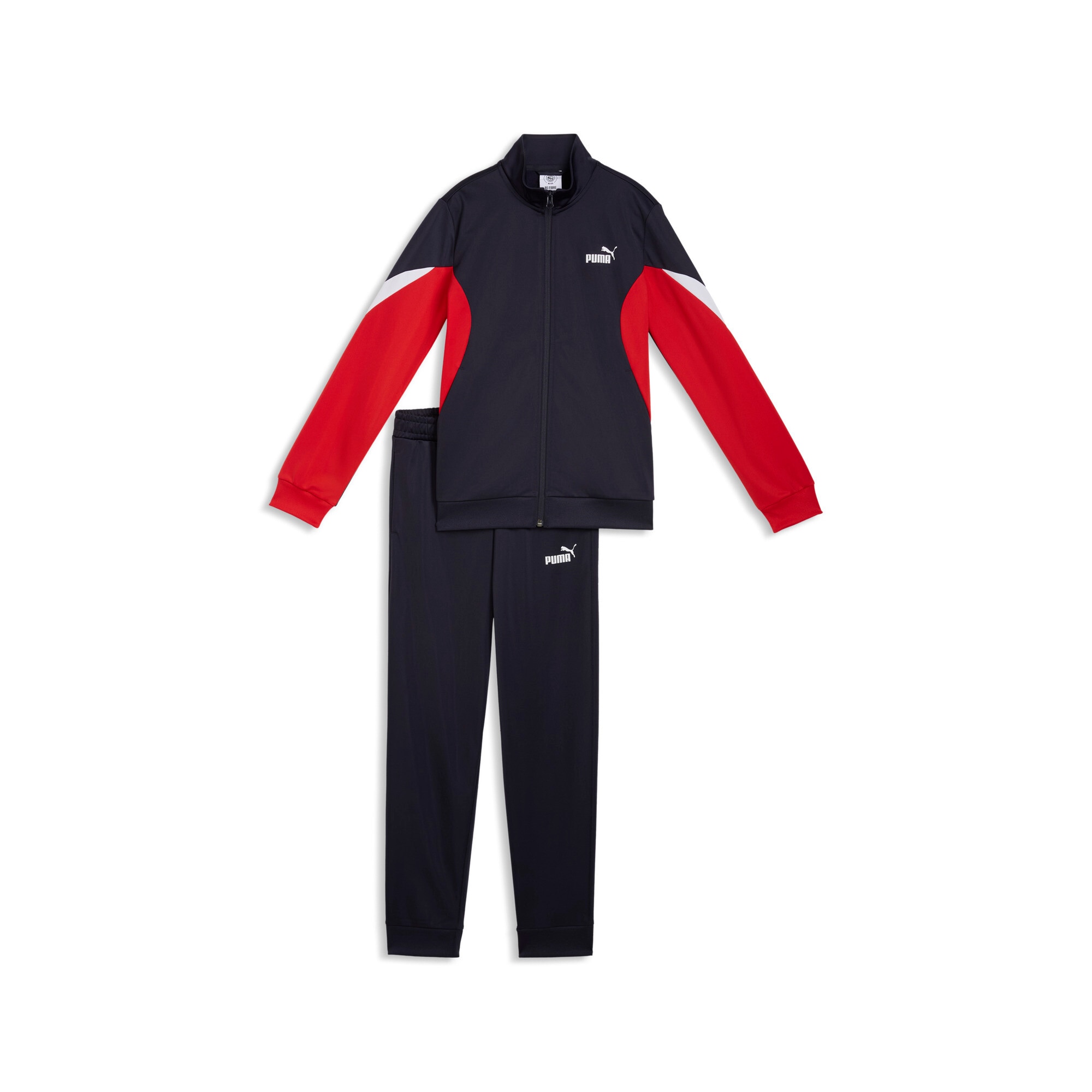 PUMA Trainingsanzug "ESS BLOCK POLY SUIT B" 2 zweiteiliges Set, mit Reißverschluss am Oberteil, Regular Fit