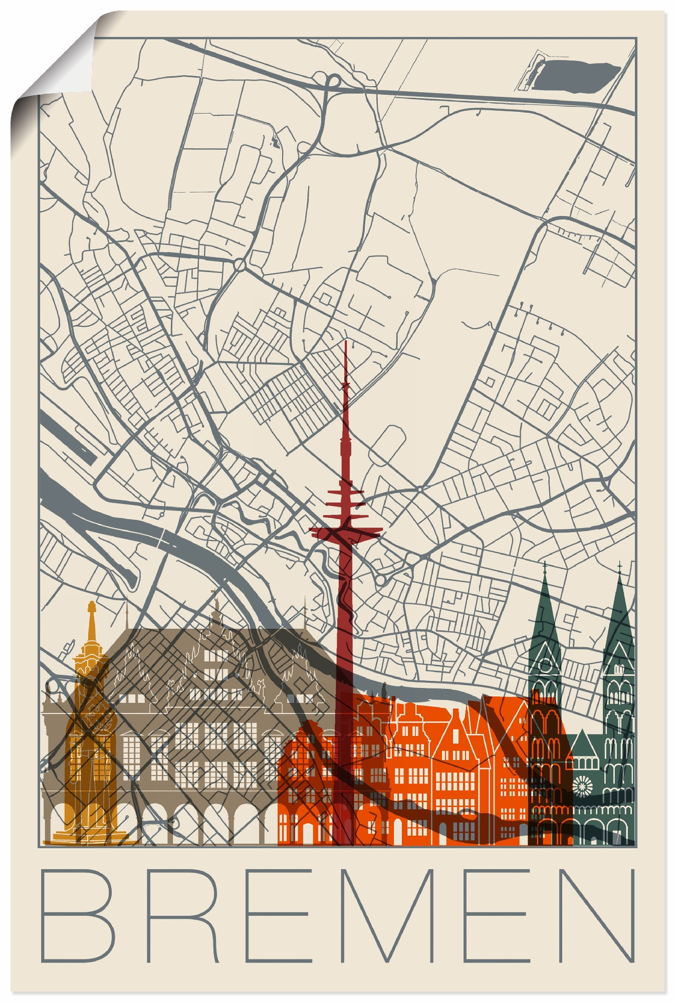 Artland Wandbild »Retro Karte Bremen«, Deutschland, (1 St.), als Alubild, Outdoorbild, Poster in verschied. Größen