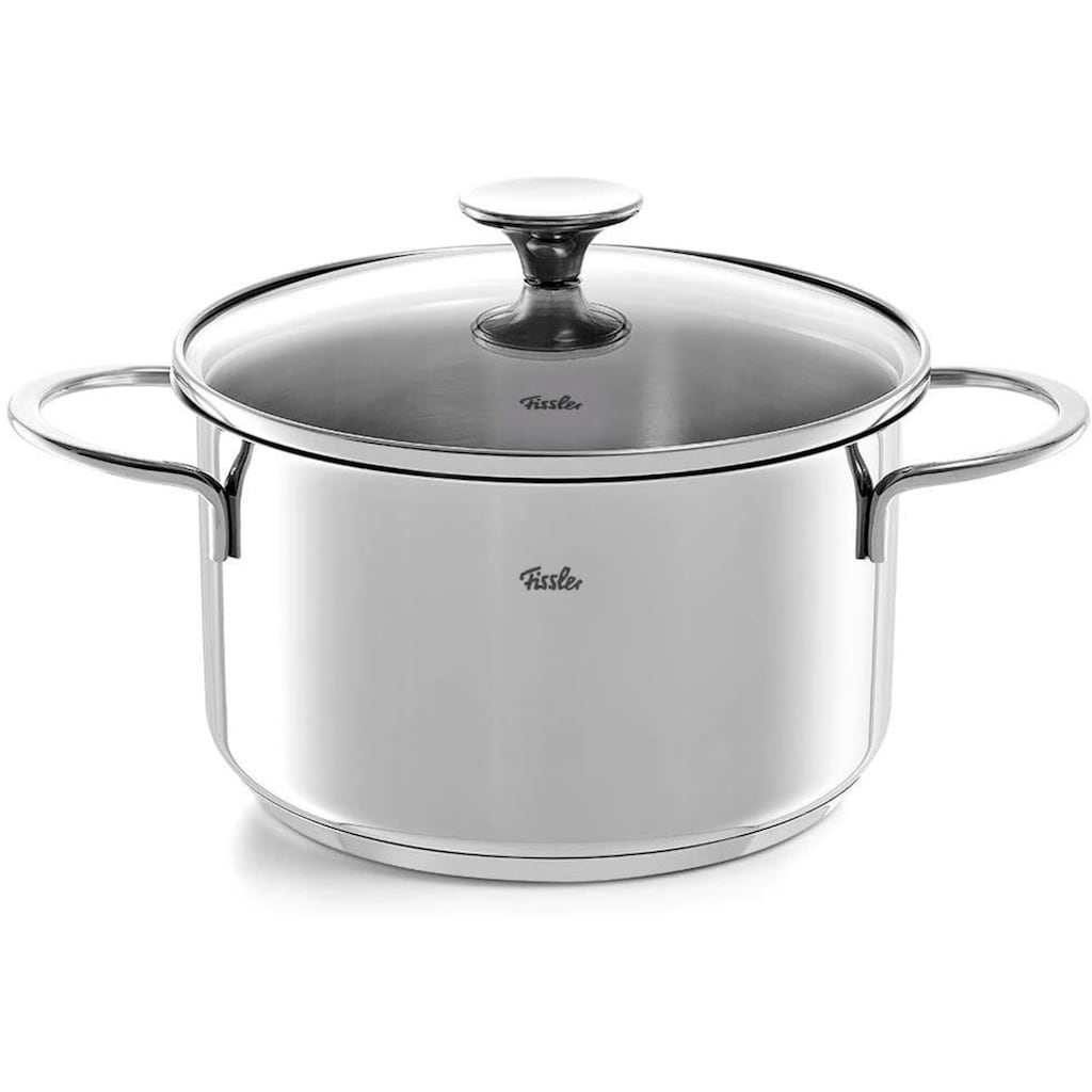 Fissler Topf-Set »Copenhagen«, Edelstahl 18/10, (Set, 9 tlg., Bratentopf 20 cm, je 1 Kochtopf 16/20/24 cm, Stielkasserolle 16 cm), Töpfe mit Glasdeckel, Mess-Skala, Induktion, backofengeeignet