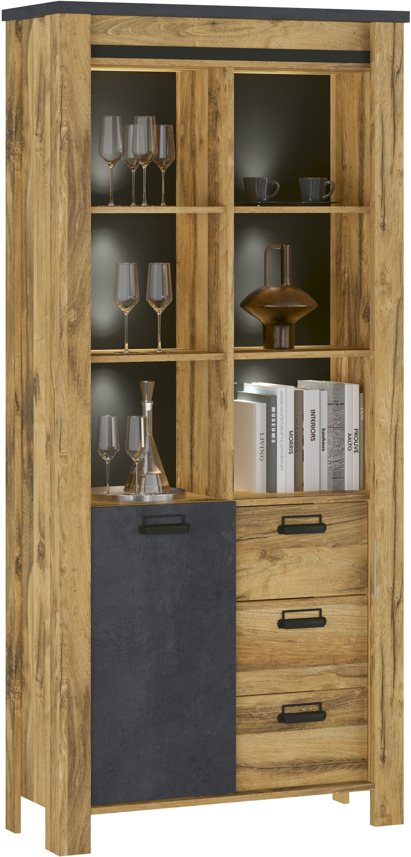 Home affaire Vitrine »York, moderner Hochschrank, Schrank in Hunton Oak Dekor«, mit Apothekergriffen aus Metall, Industrialdesign, 200 cm hoch