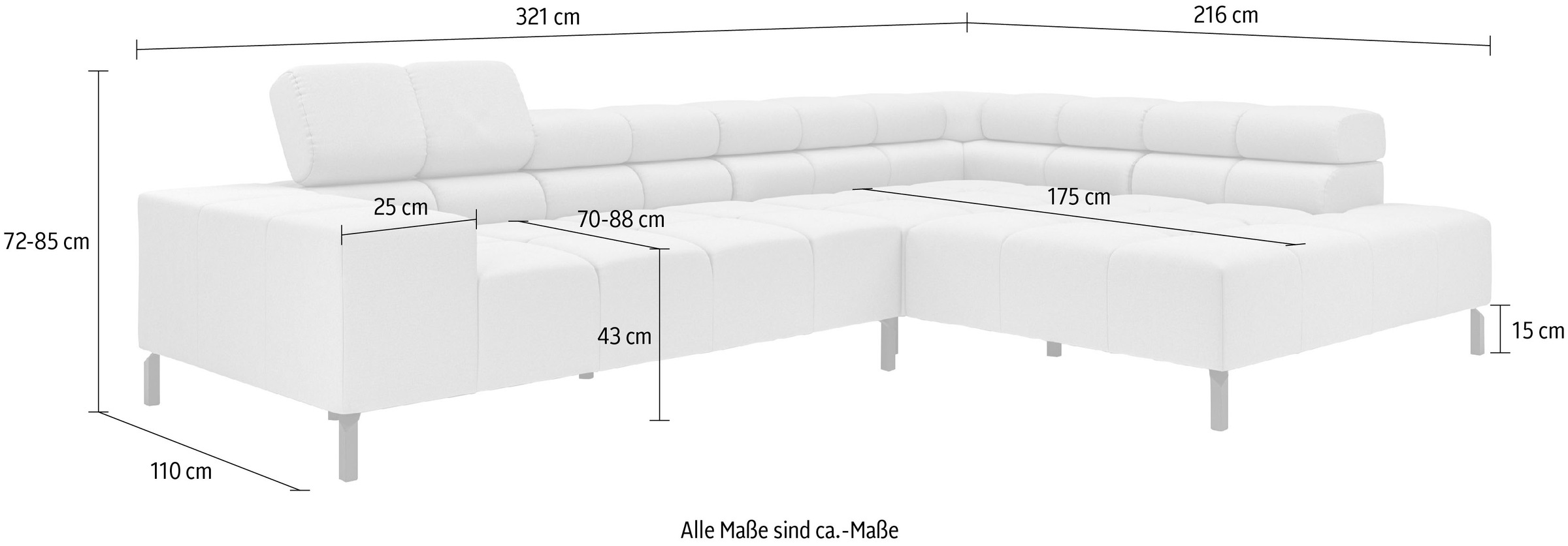 INOSIGN Ecksofa »Ancona New, wahlweise motorische Sitztiefenverstellung, auch in Cord«, feine Steppung, mit Kopfteilverstellung, 3 Zierkissen, L-Form