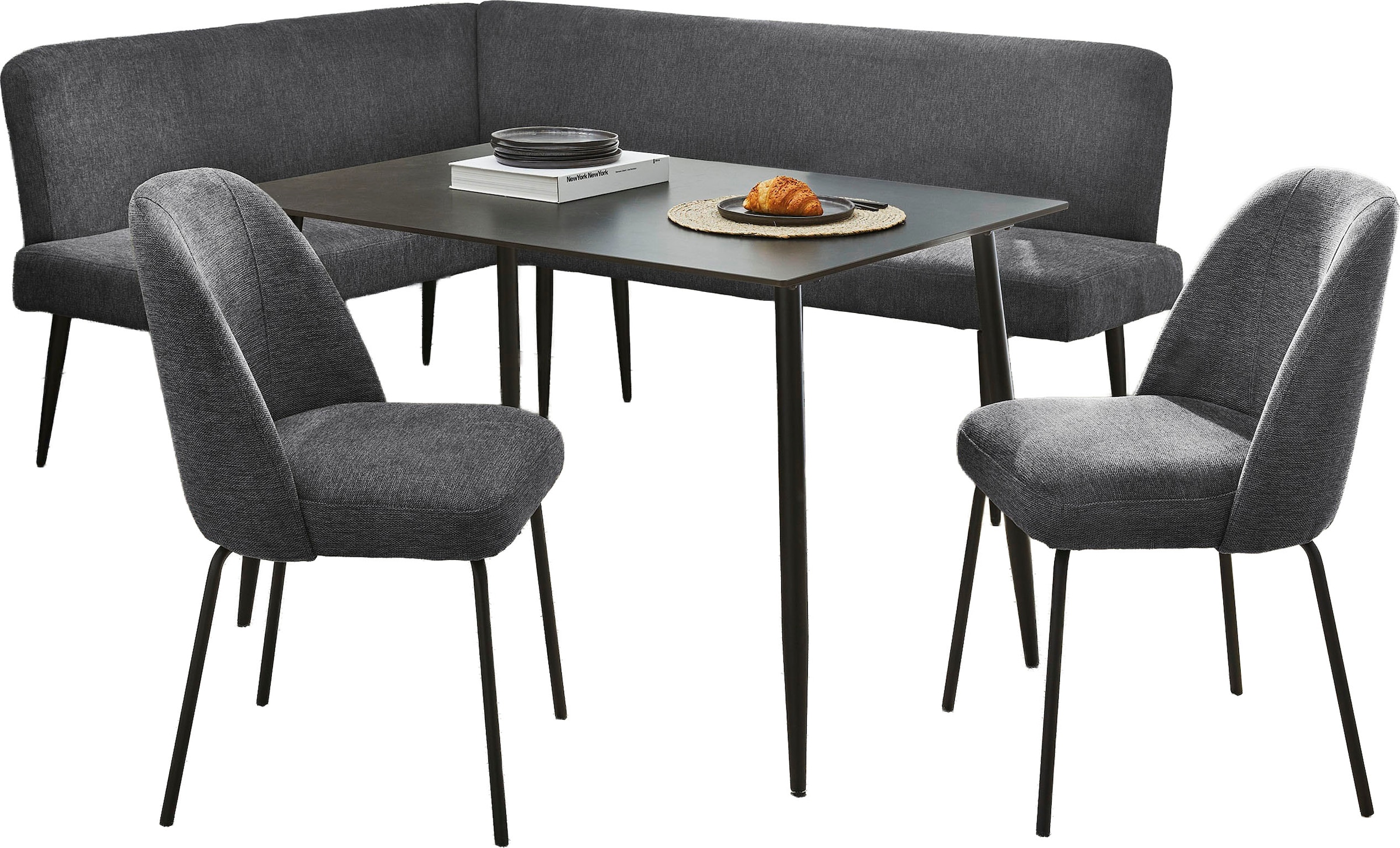 OTTO home Eckbankgruppe »Melvin (Set, 4-tlg. Tisch, Bank und 2 Stühle), Taschenfederkern« Tisch (120x75cm) schwarz, Bank und Stühle anthrazit oder beige