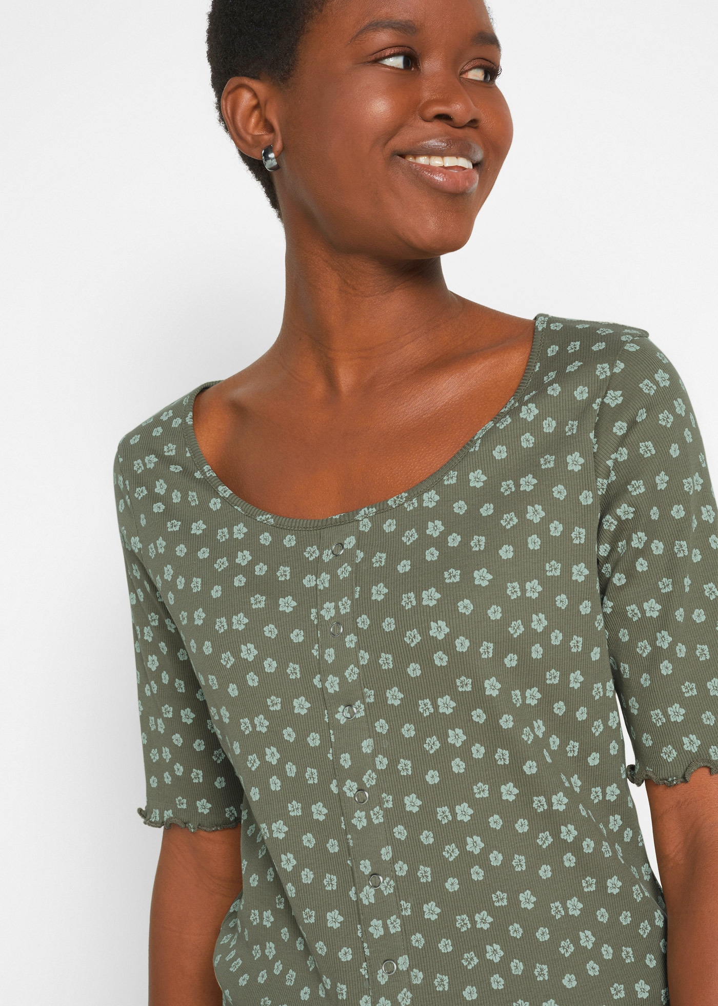 bonprix T-Shirt »Ripp-Shirt mit Blumendruck, Halbarm« Ripp-Shirt mit Blumendruck, Halbarm
