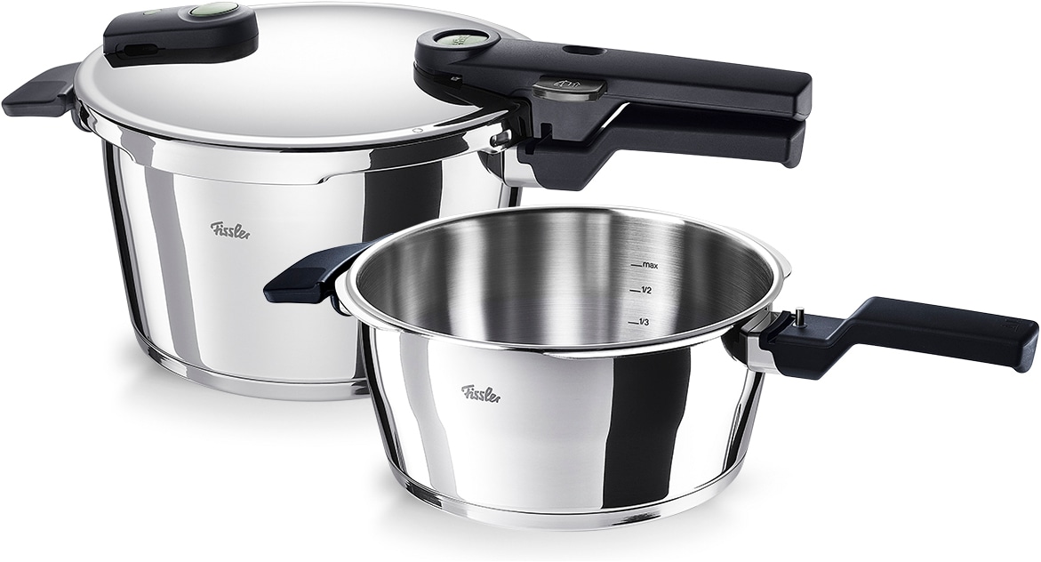 Fissler "VitaquickElemental Dampfkochtopf Premium Drucktopf" Set, Schnellkochtopf + Schnellbratpfanne + 1 Deckel, 3 tlg. Edelstahl 18/10